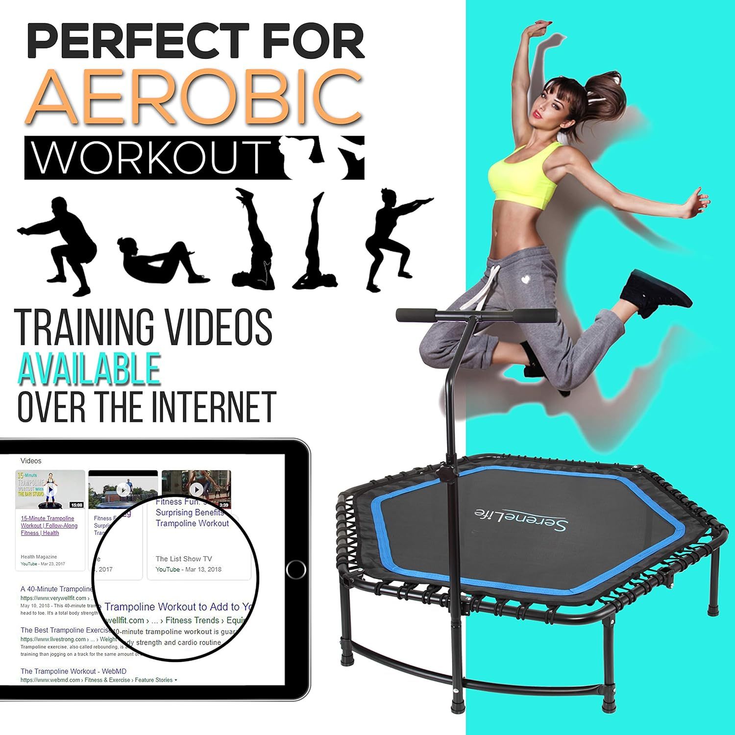 Serenelife 48" Mini Trampoline Rebounder, Portable and Foldable Fitness Trampoline, Suitable for Adults and Kids, Perfect for Indoor/Outdoor Workout image number 4
