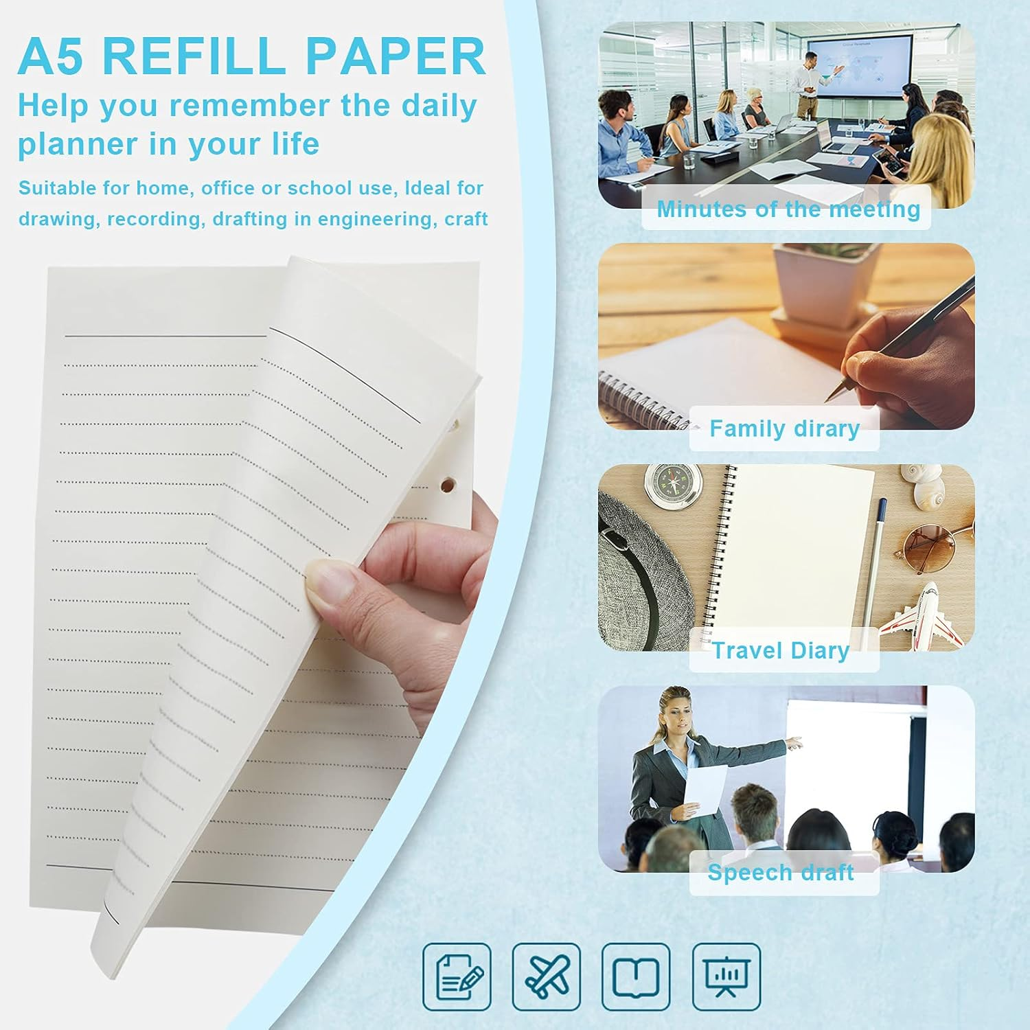 Kincown A6 Refill Paper, 6 Ring Loose Leaf Paper, 180 Sheets (360 Pages) Thick A6 Paper Lined Paper, 6 Hole A6 Ruled Paper Refills for Binder Planner Journal Notebook - Line image number 1