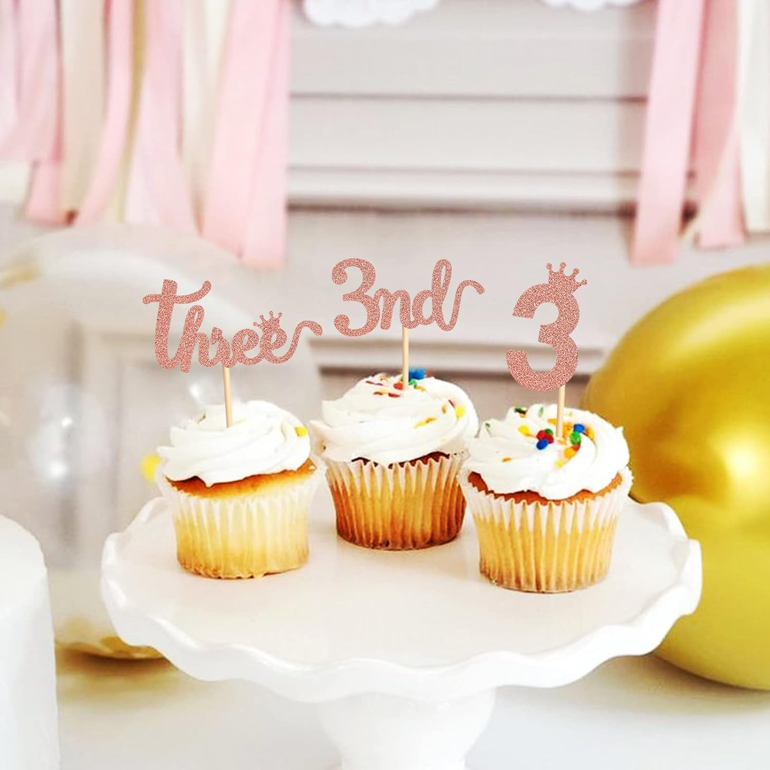 24PCS 3Nd Crown Birthday Cupcake Toppers Three Birthday Three Cupcake Picks Baby Shower Theme Prince Crown Party Cake Decorations Supplies Rose Gold image number 2