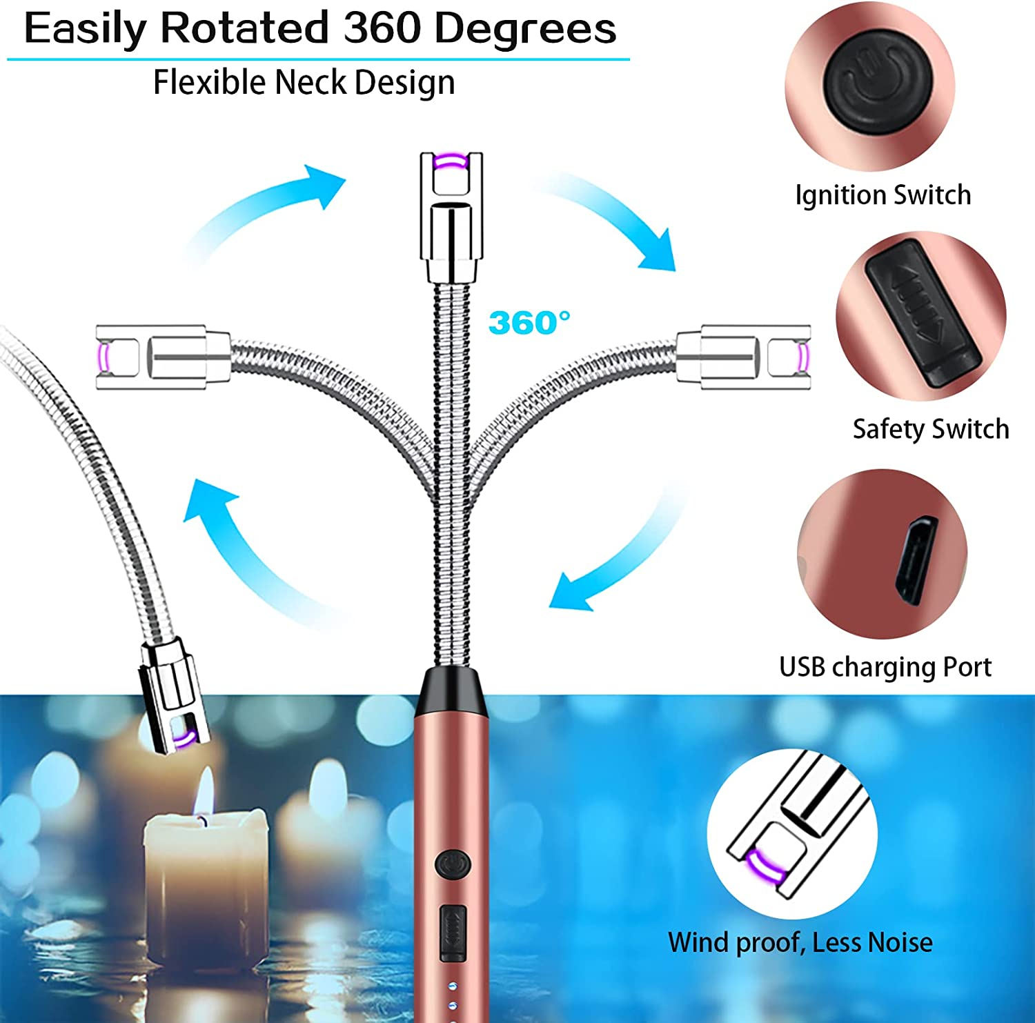 Candle Lighter Electric Arc Lighter USB Rechargeable with 360&deg; Flexible Neck, Gigflpyo Flameless Portable Windproof Plasma Lighters for Home Kitchen Cooking Outdoor BBQ Camping Stove (Rose Gold) - Blue image number 7