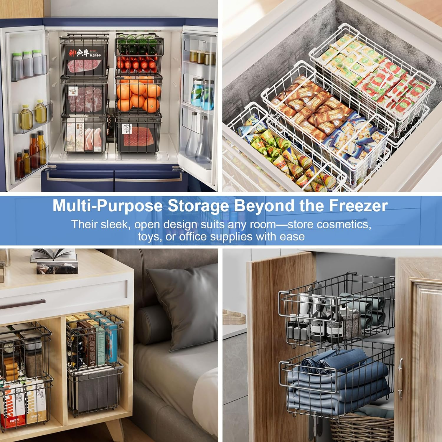 8 Pack Freezer Organizer Bins, Stackable Deep Chest Freezer Organizer Bins, Metal Foldable Baskets with Handles, Black Wire Freezer Storage Bins with Better Space Utilization (Black) - Black image number 6