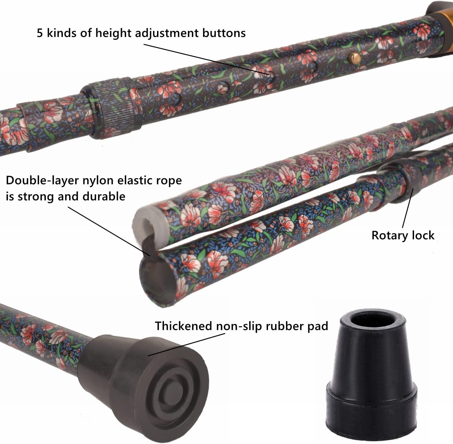 Foldable Walking Stick, Lightweight & Portable Cane with 5 Levels of Height Adjustment, Walking Stick with Comfortable Smooth Wooden Handle Grip and Sturdy Aluminum Tube Cane image number 1