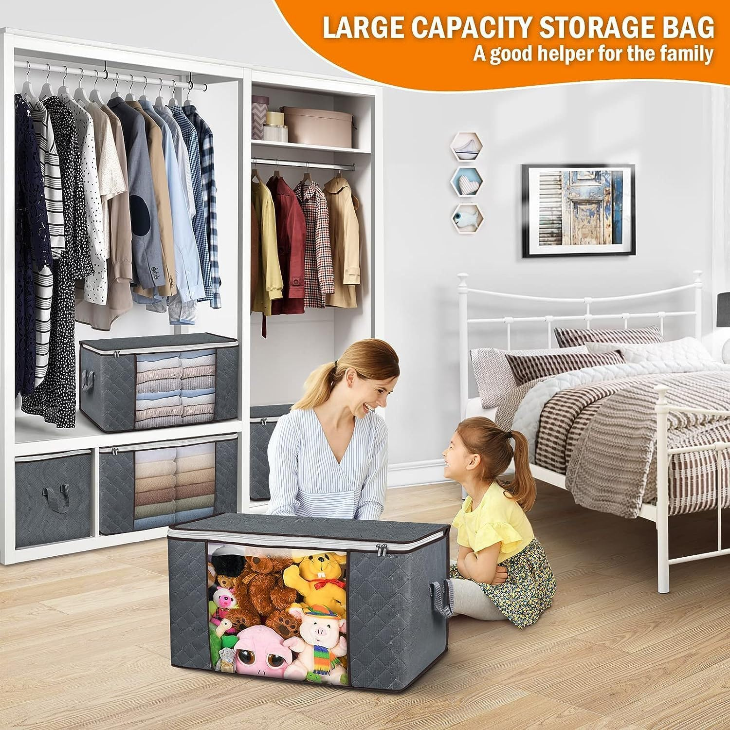 90L Large Storage Bags, 6 Pack Closet Organizers and Storage, Clothes Foldable Storage Bins with Reinforced Handles,Clear Window Sturdy Storage Containers for Clothing, Blanket, Comforters,Bedding
