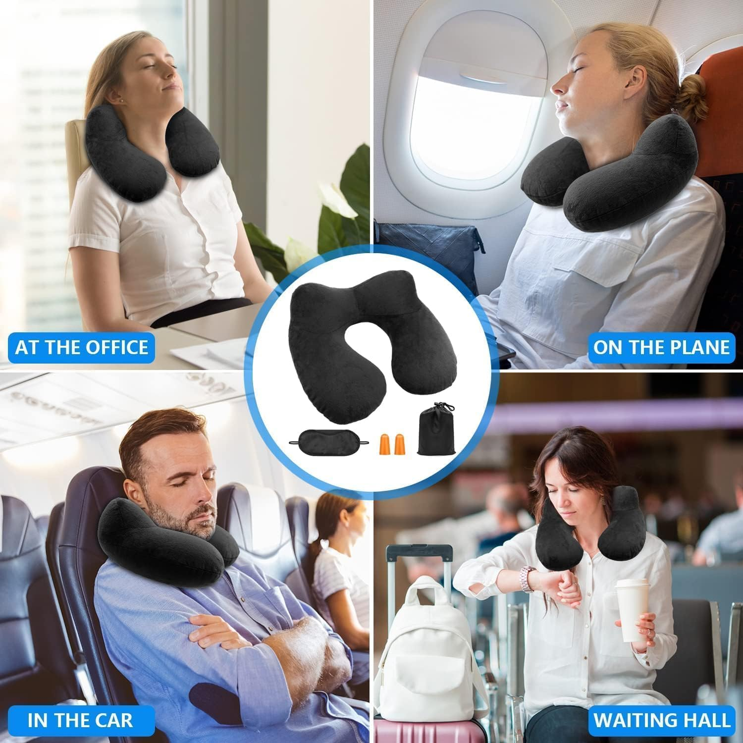 Travel Pillow, Inflatable Travel Pillow, Comfortable & Breathable Cover, Machine Washable, Airplane Travel Kit with 3D Contoured Eye Masks, Earplugs, and Luxury Bag (Black) image number 5