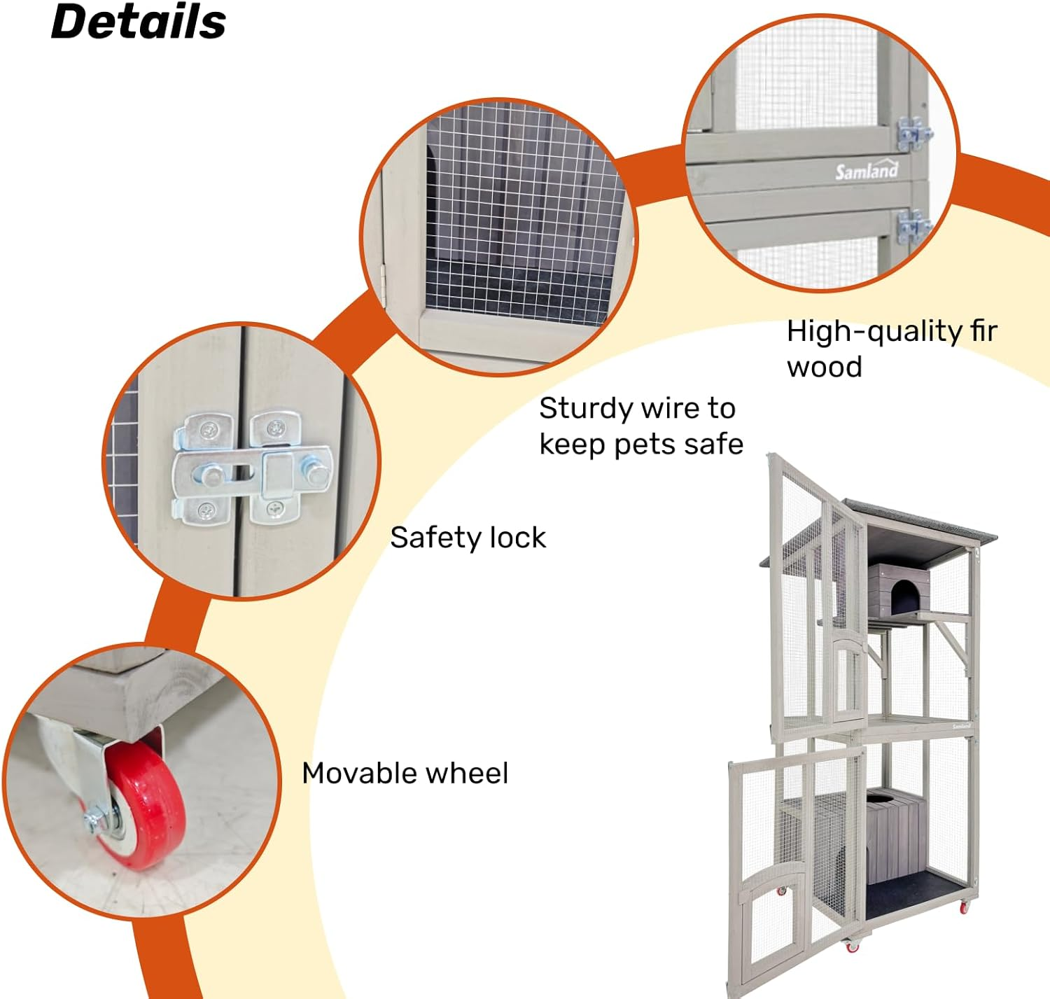 Samland Wooden Outdoor Cat Enclosure with Wheels, Double Houses & Weatherproof Roof, Cat Run for Indoor/Outdoor Use