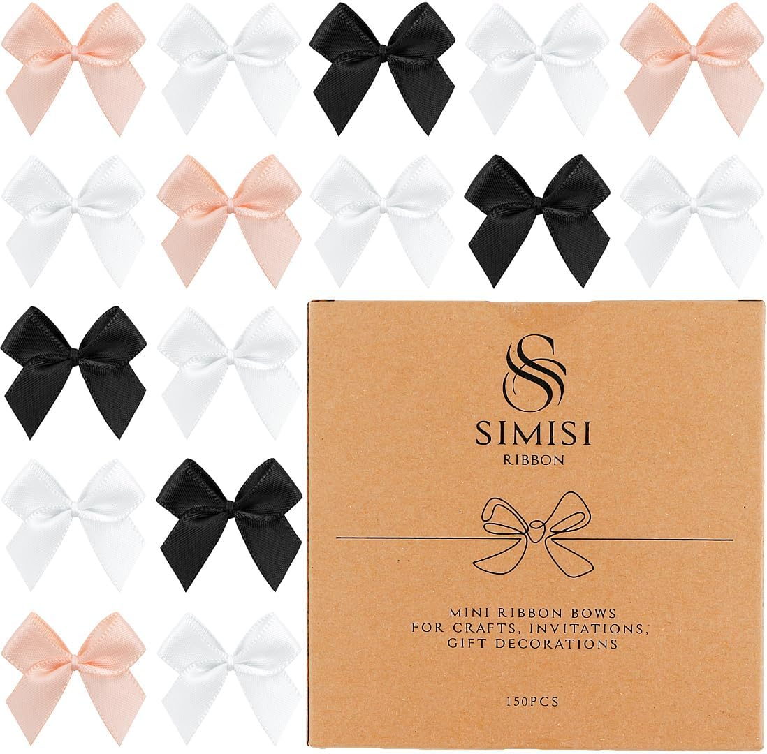 150 Pieces Mini Ribbon Bows for Crafts Black White Champagne Tiny Satin Bow for Gift Wrapping, Invitations, Christmas Tree