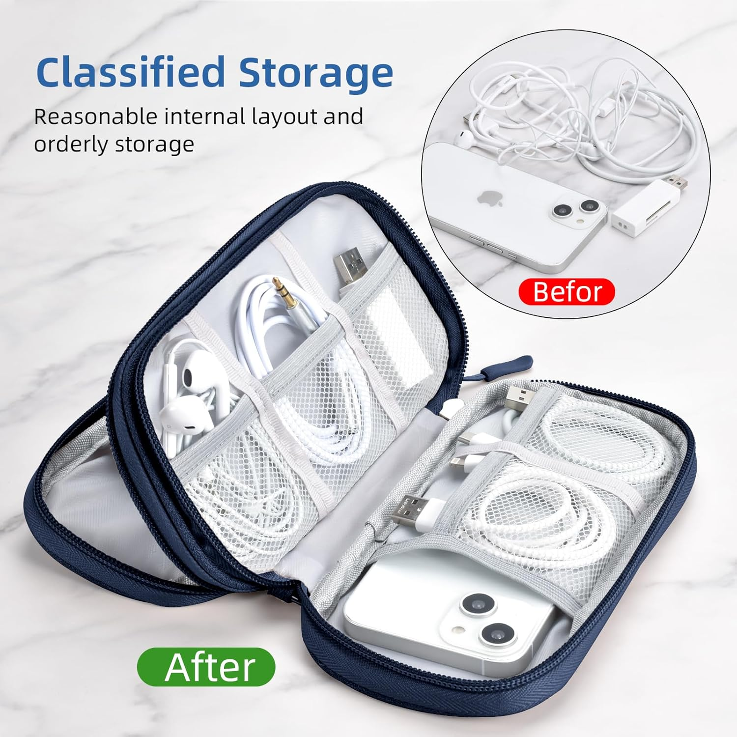 Beownest Travel Electronic Organizer Bag 21X14X5Cm, 2-Layer Waterproof Tech Organizer with USB Ports & Cable Management for Power Bank, Laptop Adapter, Phone, Earbuds (Navy) image number 6