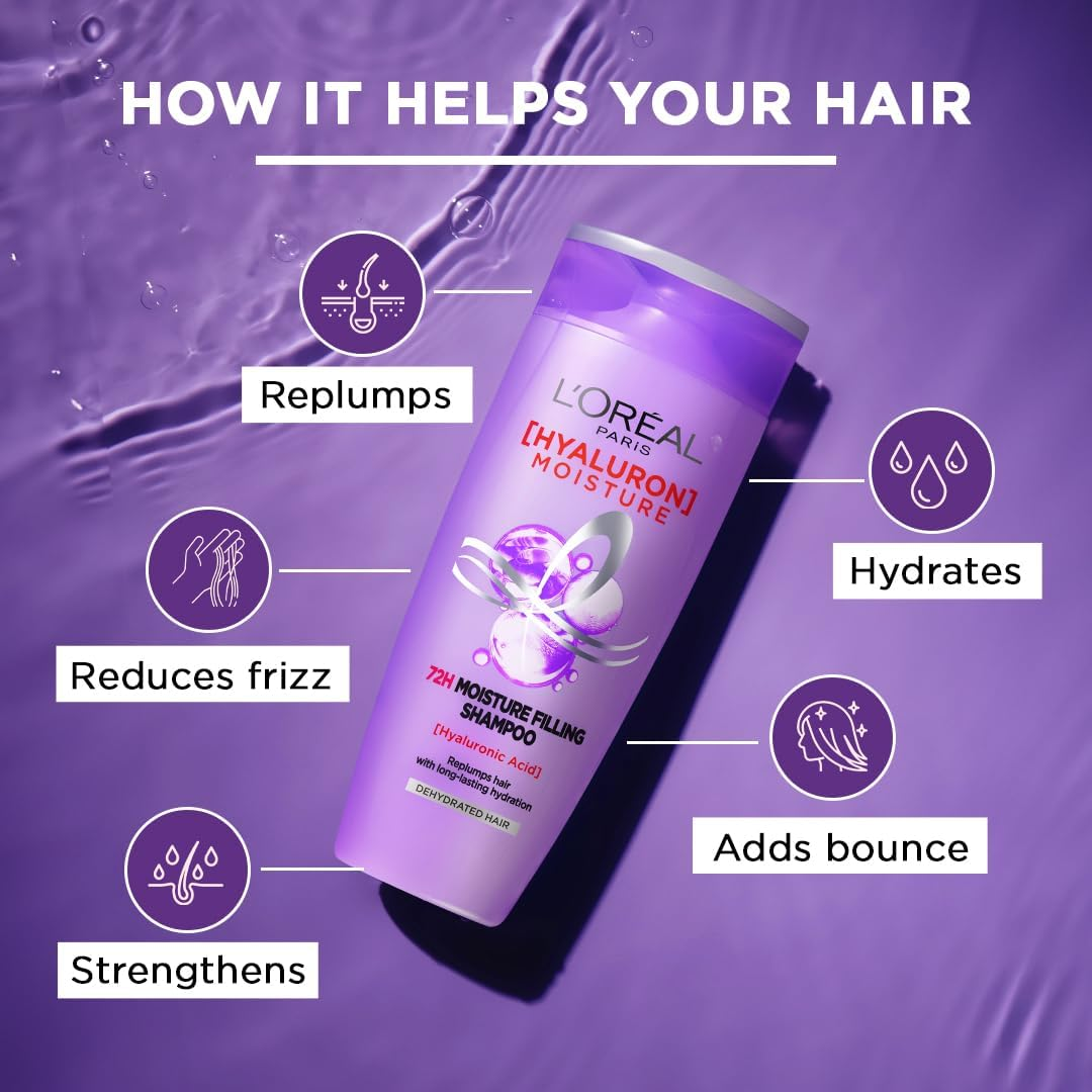 L&rsquo;Or&eacute;al Paris L'Oreal Hyaluron Moisture 72H Moisture Filling Shampoo | with Hyaluronic Acid | for Dry & Dehydrated Hair | Adds Shine & Bounce 340Ml image number 1