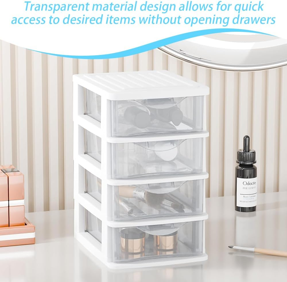 4 Layer Clear Plastic Drawer Oragnizer, Drawers Closet Storage Box, Desktop Container Case for Office Bedroom Living Room Organizer, 14.2 * 18.3 * 23.5Cm, White image number 6