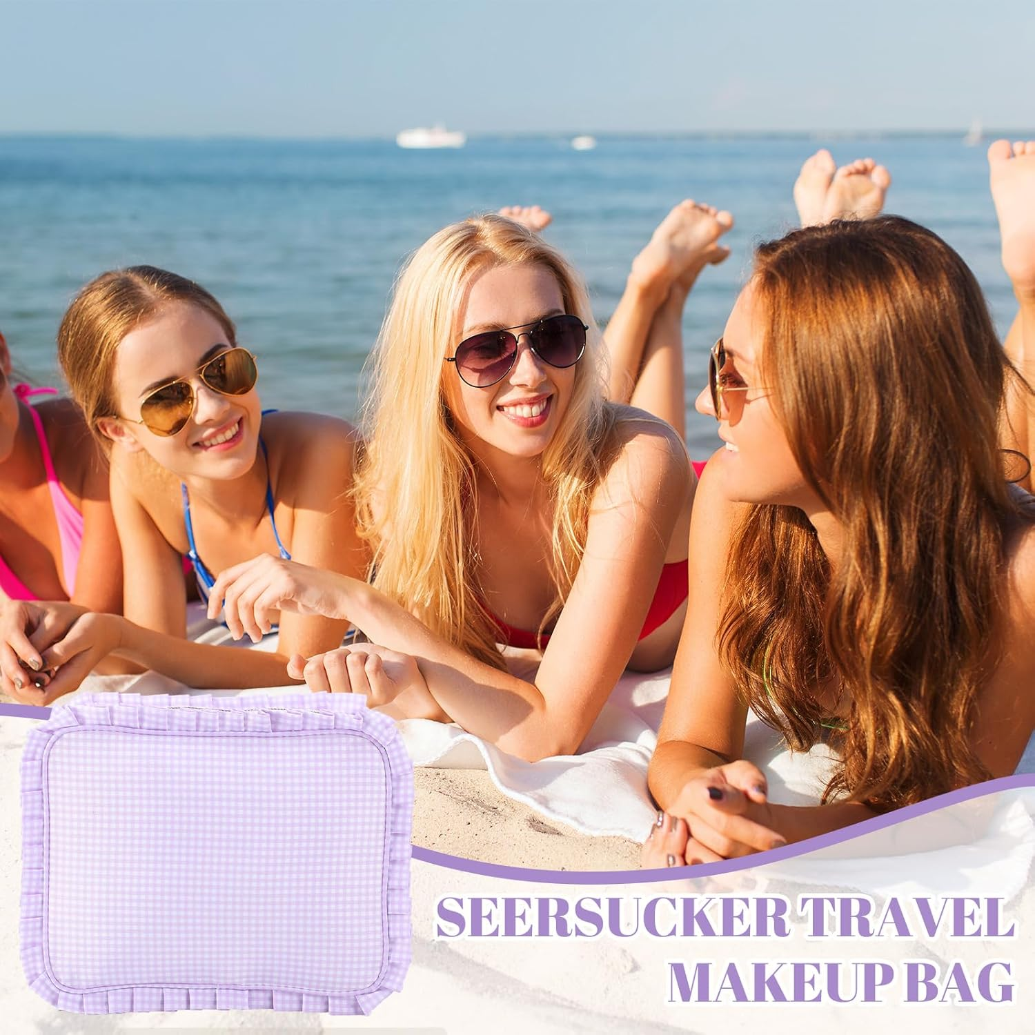 Siltriangle Gingham Ruffle Makeup Bag Large Travel Cute Checkered Cosmetic Toiletry Bag with Zipper for Women Girls, Toiletry Pouch Make up Organizer Gift, Purple image number 2