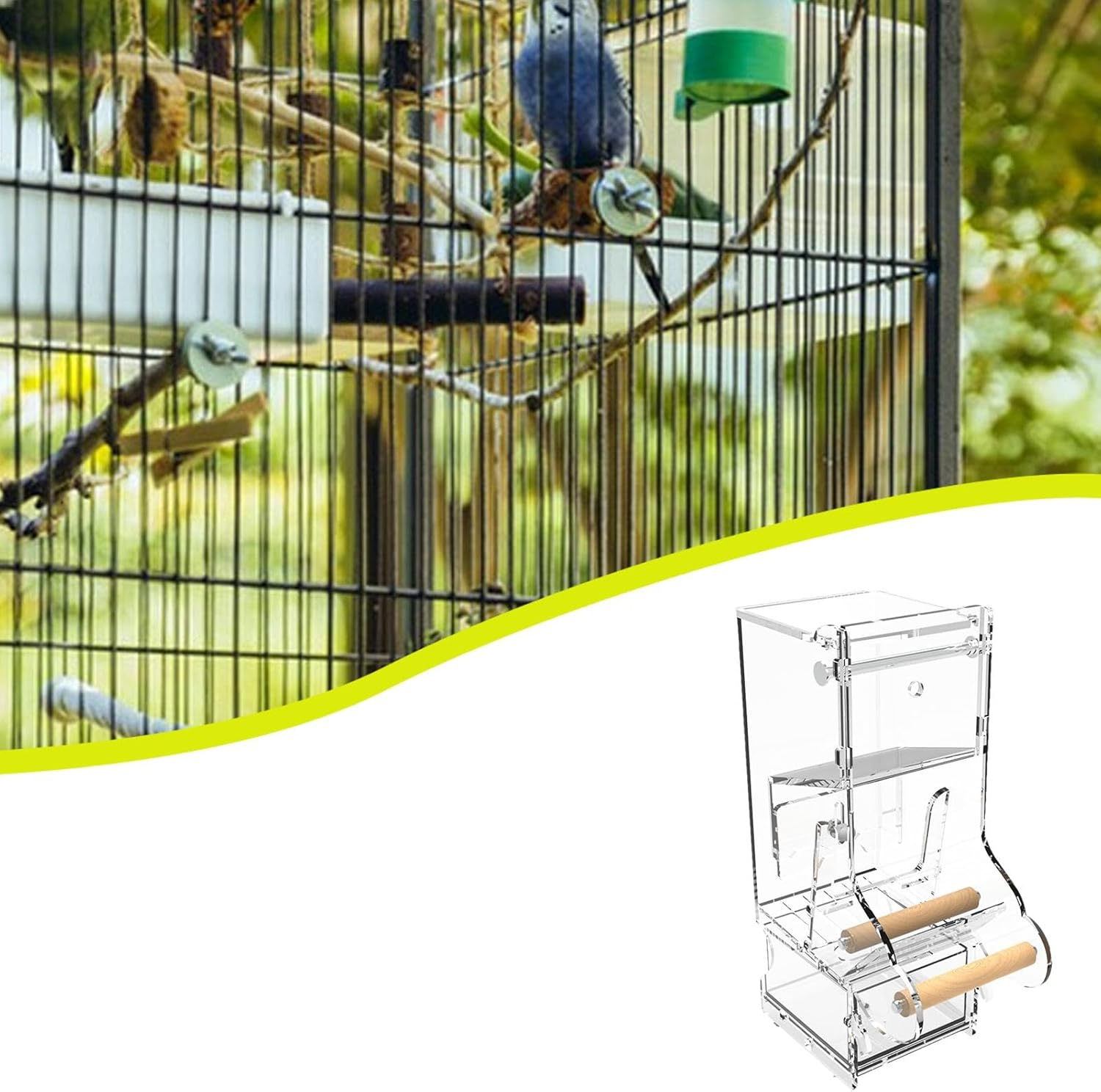 Shurzzesj Automatic Parrot Feeder, Clear Automatic Acrylic Bird Food Container with Perch, Cage Food Dispenser for Cockatiel, Squirrel, Finch, Lovebirds, Budgies, Canary, Parakeets image number 4
