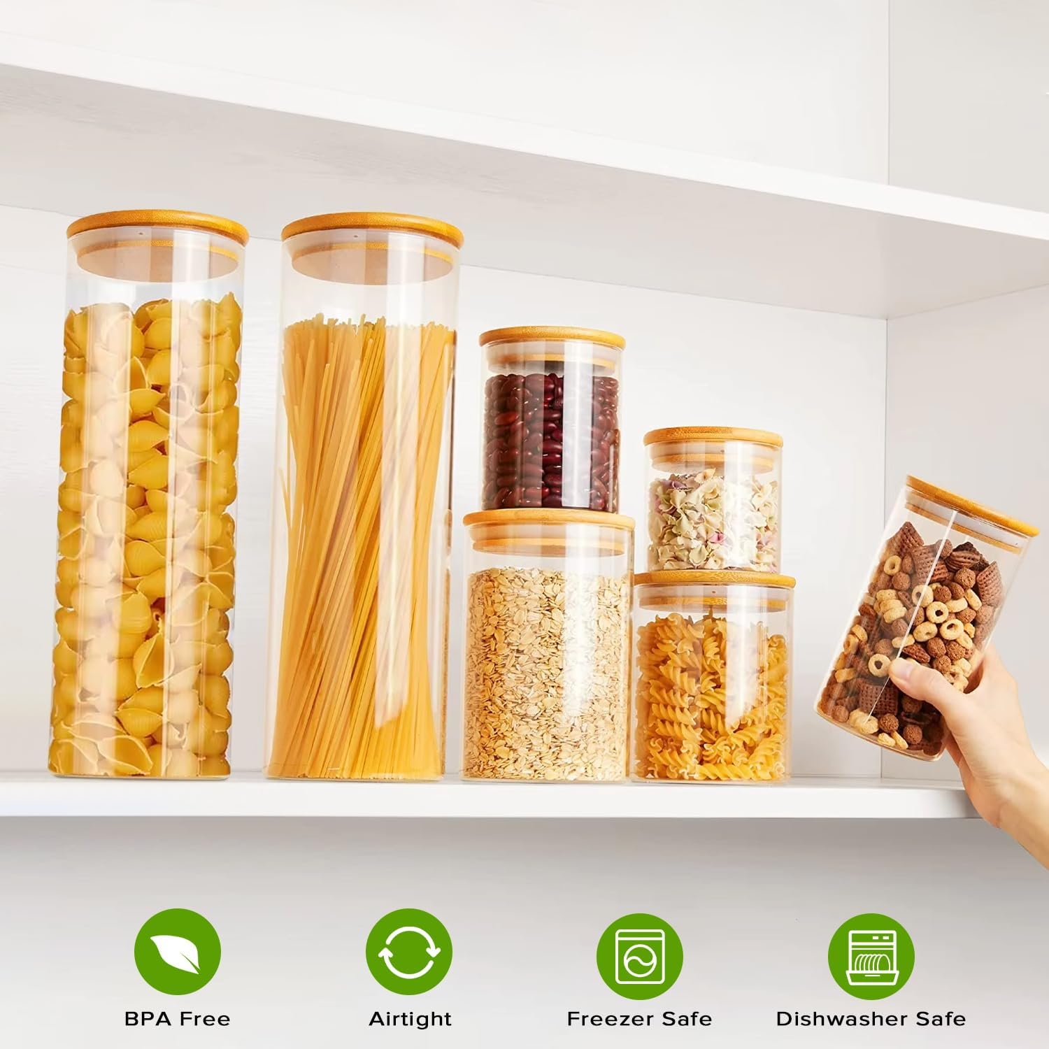 6 Pack Glass Food Storage Jars, Yakiter Food Containers with Bamboo Lids for Pasta, Cookies, Nuts, Coffee Beans, Cereal, Kitchen Canisters, Pantry Organization(15Oz+19Oz+22Oz+26Oz+40Oz*2) image number 2