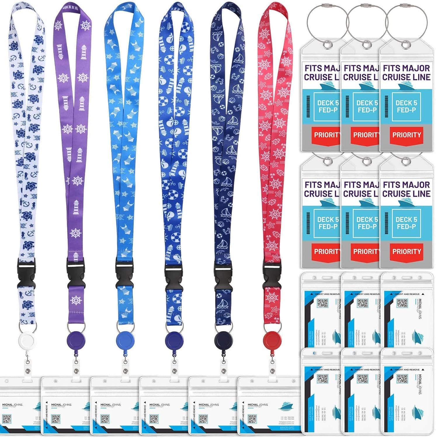 6 Pack Lanyards with Ship Card Holders, Retractable Badge Reels with Waterproof Luggage Tags ID Holders for Cruise Essentials Accessories Key Cards