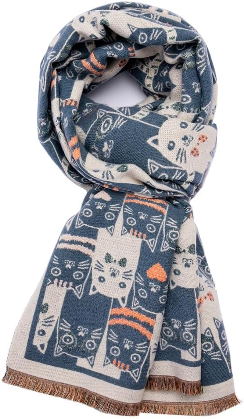 Women'S Fringed Scarf Cat Print Pattern Cape Winter Cashmere Feel Shawl Warm Wrap