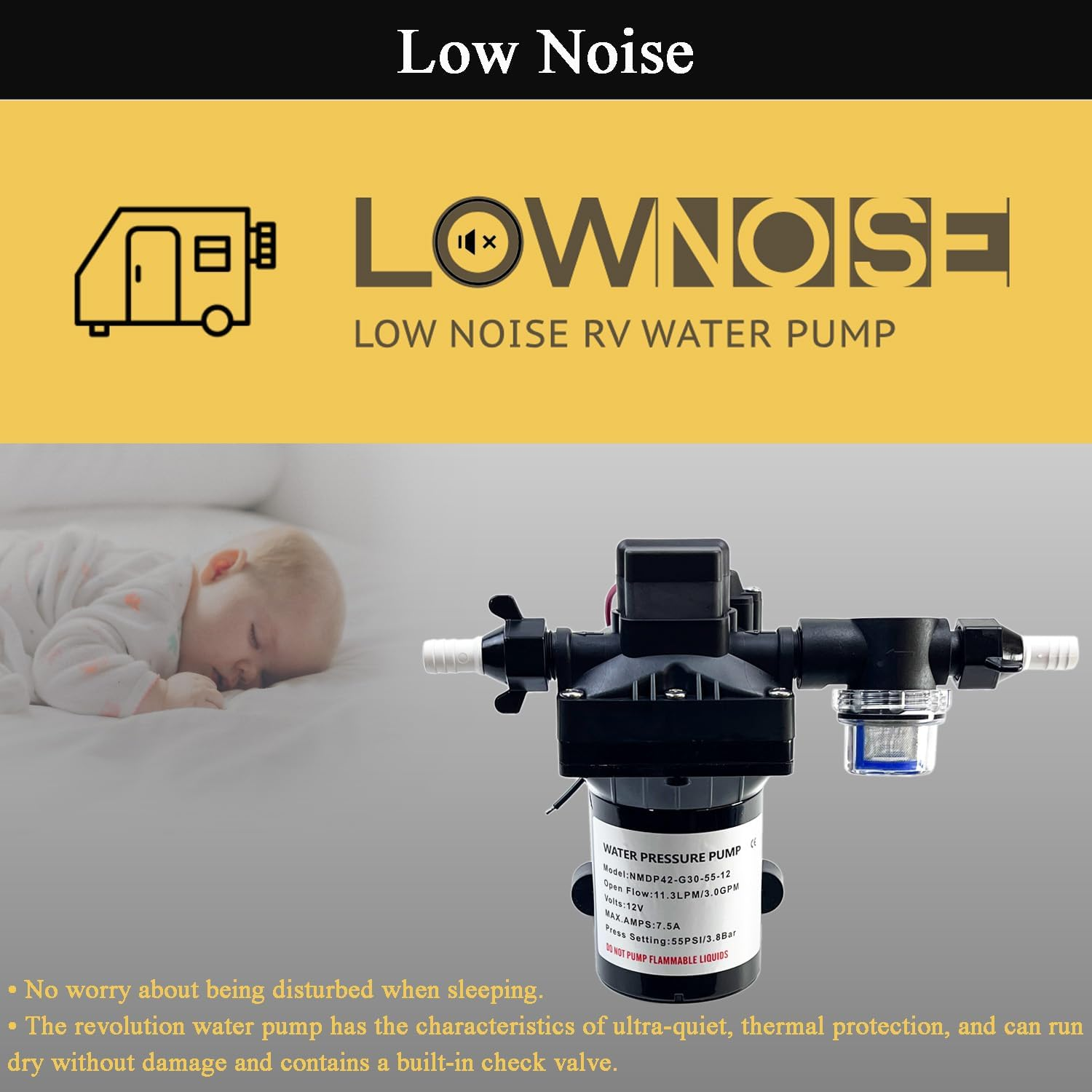 3.0 GPM 12V 55 PSI Revolution Water Pump Compatible with Camper, RV, Shower, Sprayer Replace# 4008-101-A65, 4008-101-E65 Diaphragm Pump RV Water Pump image number 1