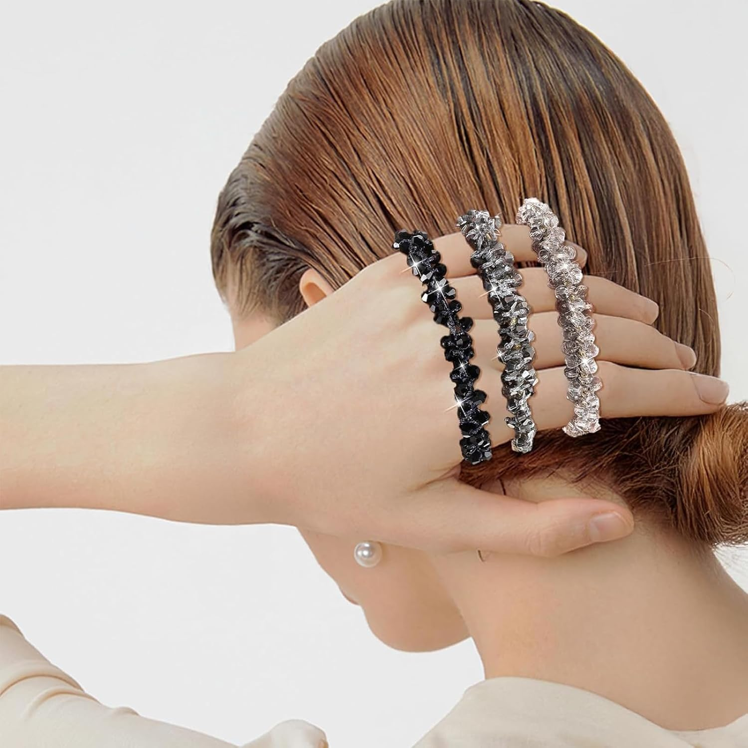 Tavvke 3 Pcs Rhinestone Hair Ties, Crystal Elastic Scrunchies, Non-Slip Beaded Ponytail Holders, Sparkly Hair Accessories for Women and Girls image number 1