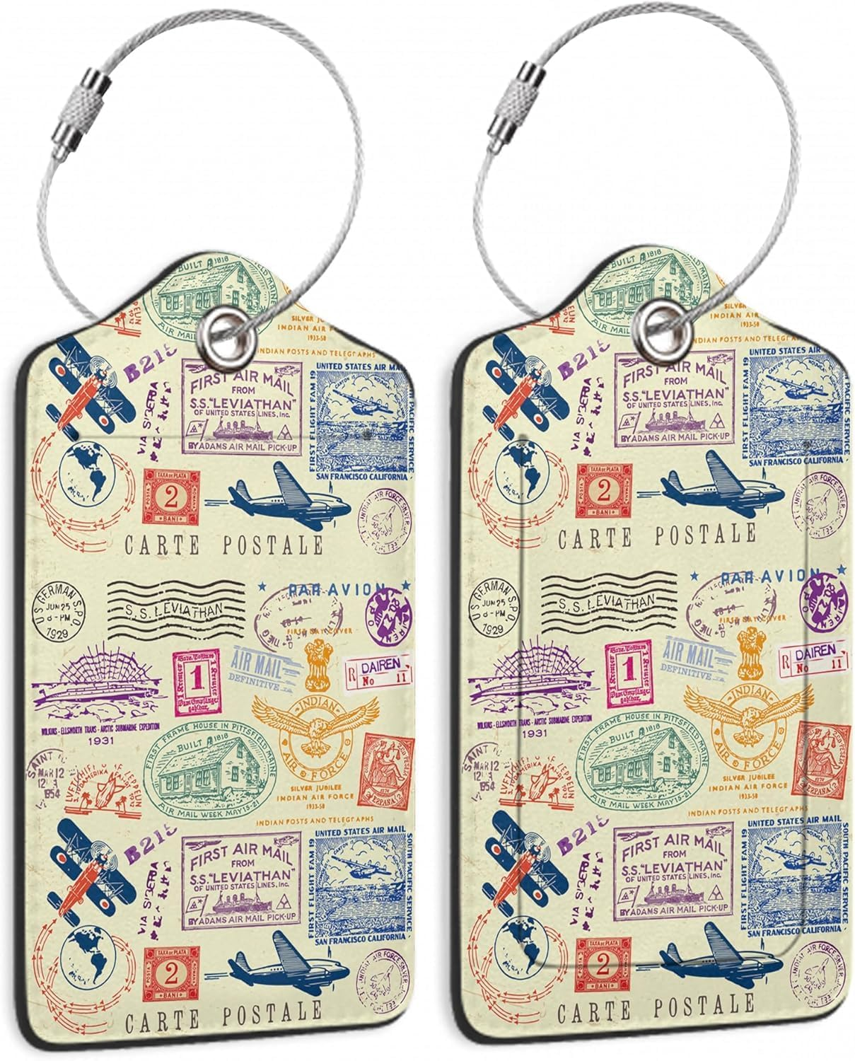Travel Stamp Luggage Tags for Suitcase,2 Pack Retro Passport Carte Postale Luggage Tag Leather Privacy Cover ID Label with Stainless Steel Loop for Women Men Kids Girls