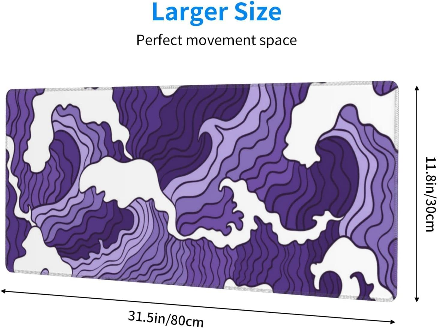 Japanese Purple Wave Large Mouse Pad XL Extended Gaming Mouse Pad Mat Desk Pad with Stitched Edge,Full Desk Mousepad for Office,Computer,Keyboard 31.5 X 11.8 Inch (Japanese Purple White Wave) - Japanese Purple White Wave image number 2