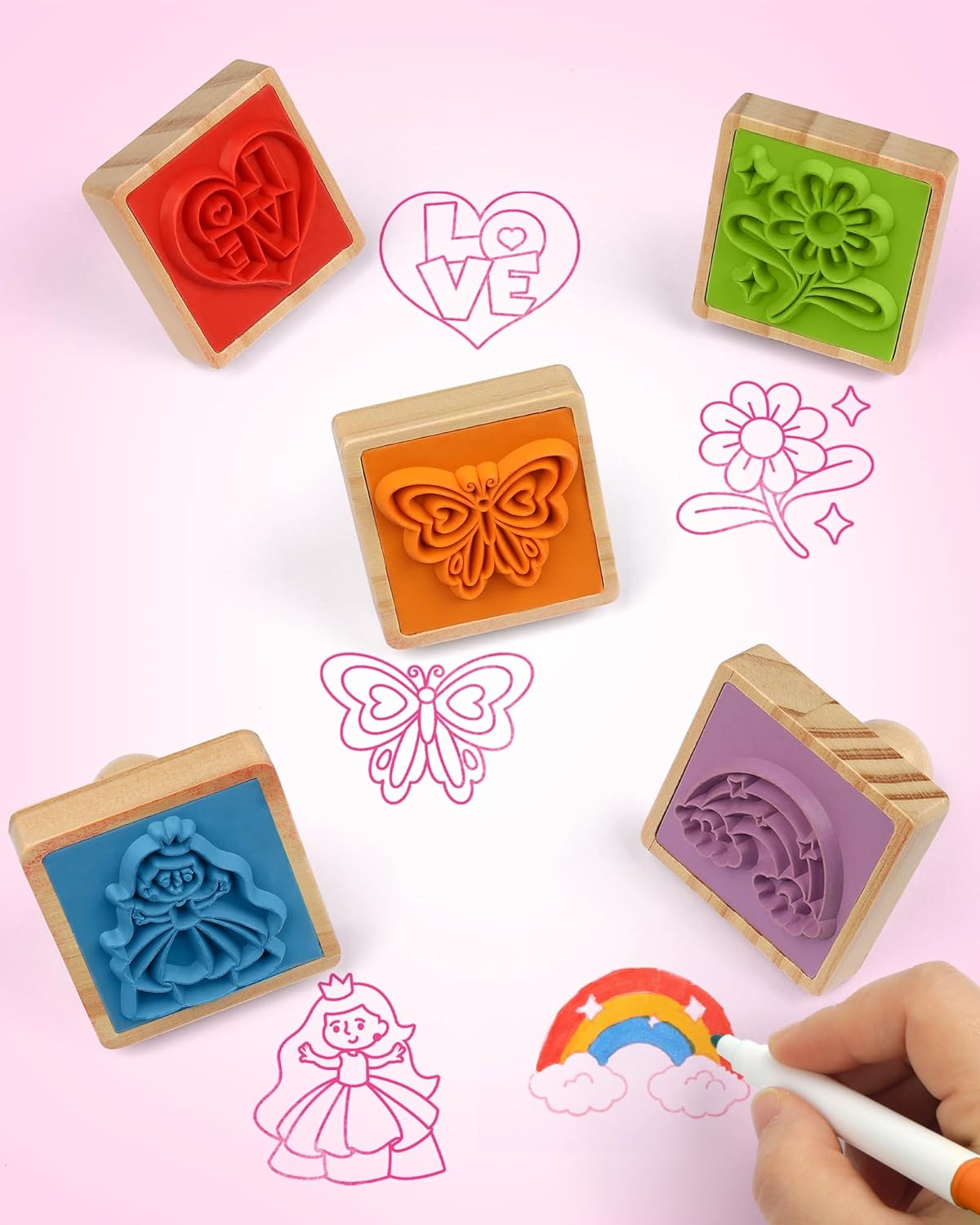 Coogam Wooden Stamp for Girls Friendship, 20Pcs Color Shape Unicorn Butterfly Mermaid Stamp Set with Markers, DIY Arts Crafts Printing Stamping Party Favor Toy for 3 4 5 Year Old Kids image number 6