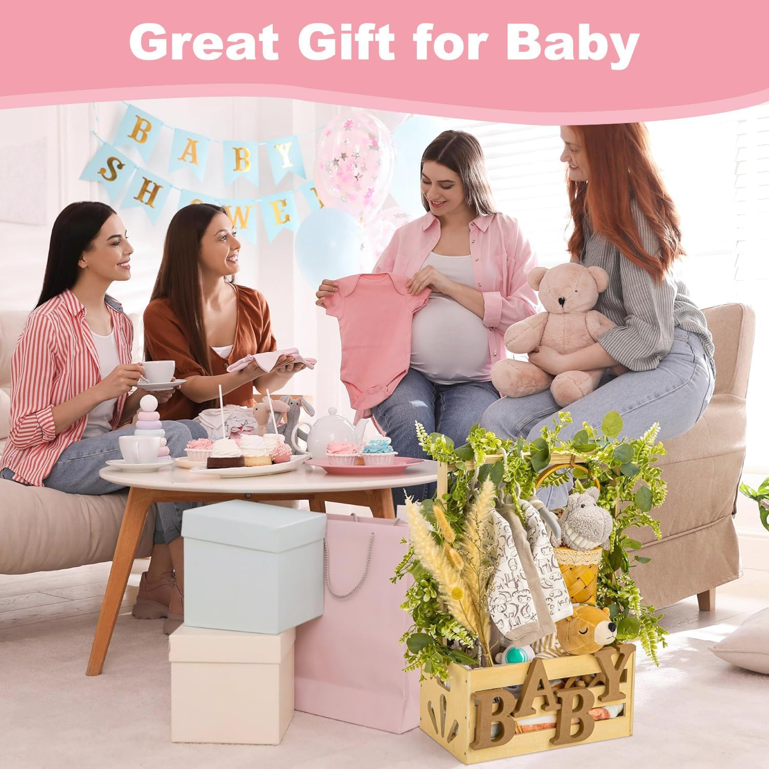 Wooden Baby Shower Crate Closet, Baby Storage Crate with Adjustable Handle, Basket for Baby Shower Gifts, Welcome Gift Basket for Newborn Boys Girls, Pregnancy Gifts for New Parents (Wood) image number 2