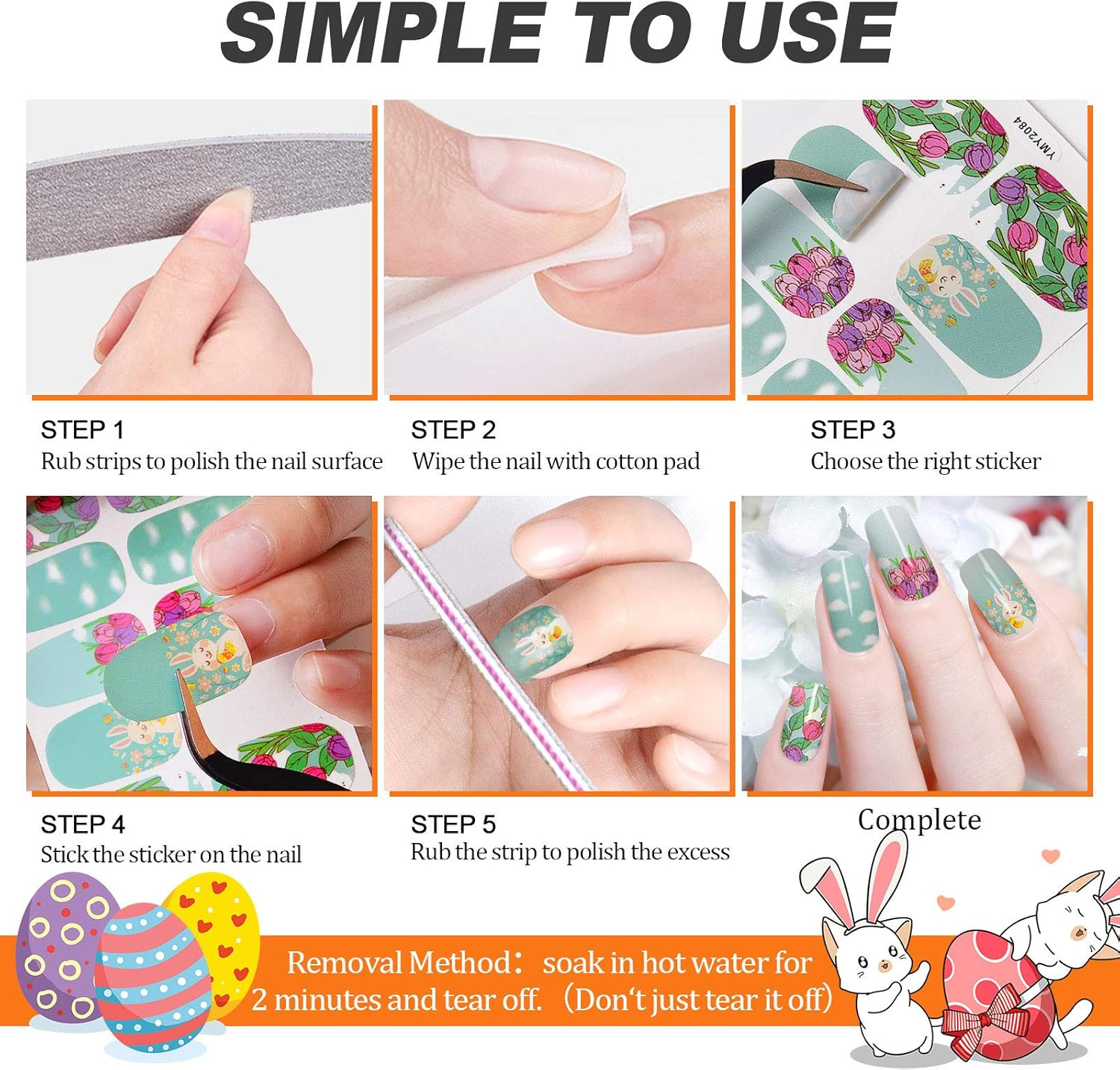 Easter Full Wraps Nail Art Stickers, Kalolary 12 Sheet Easter Self-Adhesive DIY Nail Art Decals Strips Eggs Rabbits Adhesive Nail Decals Manicure Set with Nail File for Women Girls image number 5