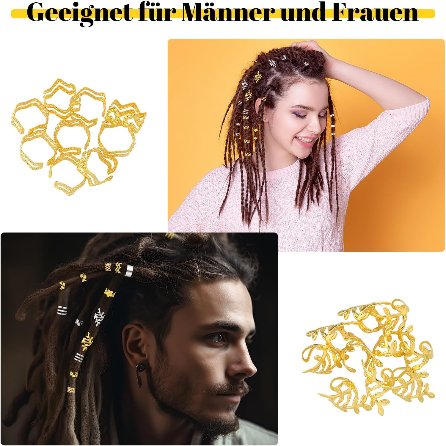 Dusaniyali 100 Piece Dreadlocks Jewellery Set Hair Accessories Pirate Hair Rings Silver and Gold Pirate Hair Accessories Braids Accessories with Rubber Bands Storage Box for Braids Hair image number 3