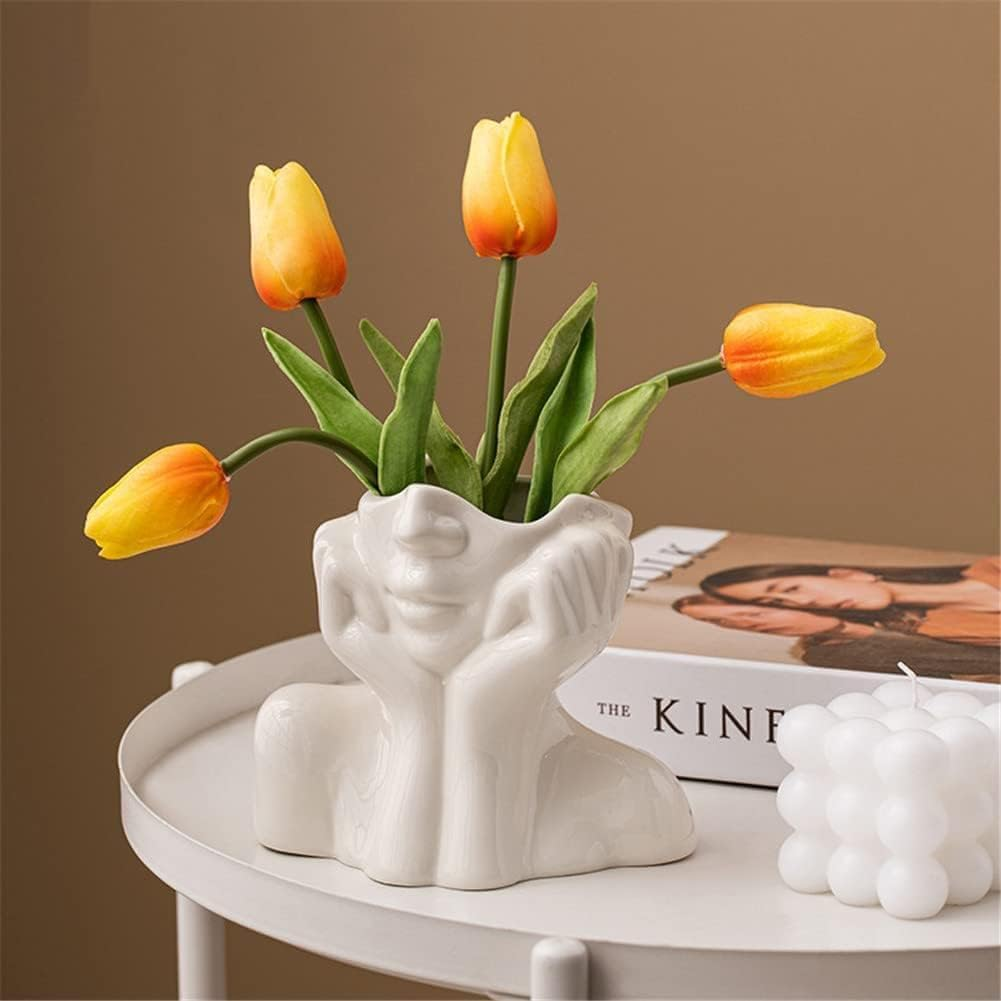 White Ceramic Face Vase - Flower Vase Desk Decor Female Form Head Bust Vase for Modern Home Living Room Table Bookshelf Decor image number 3
