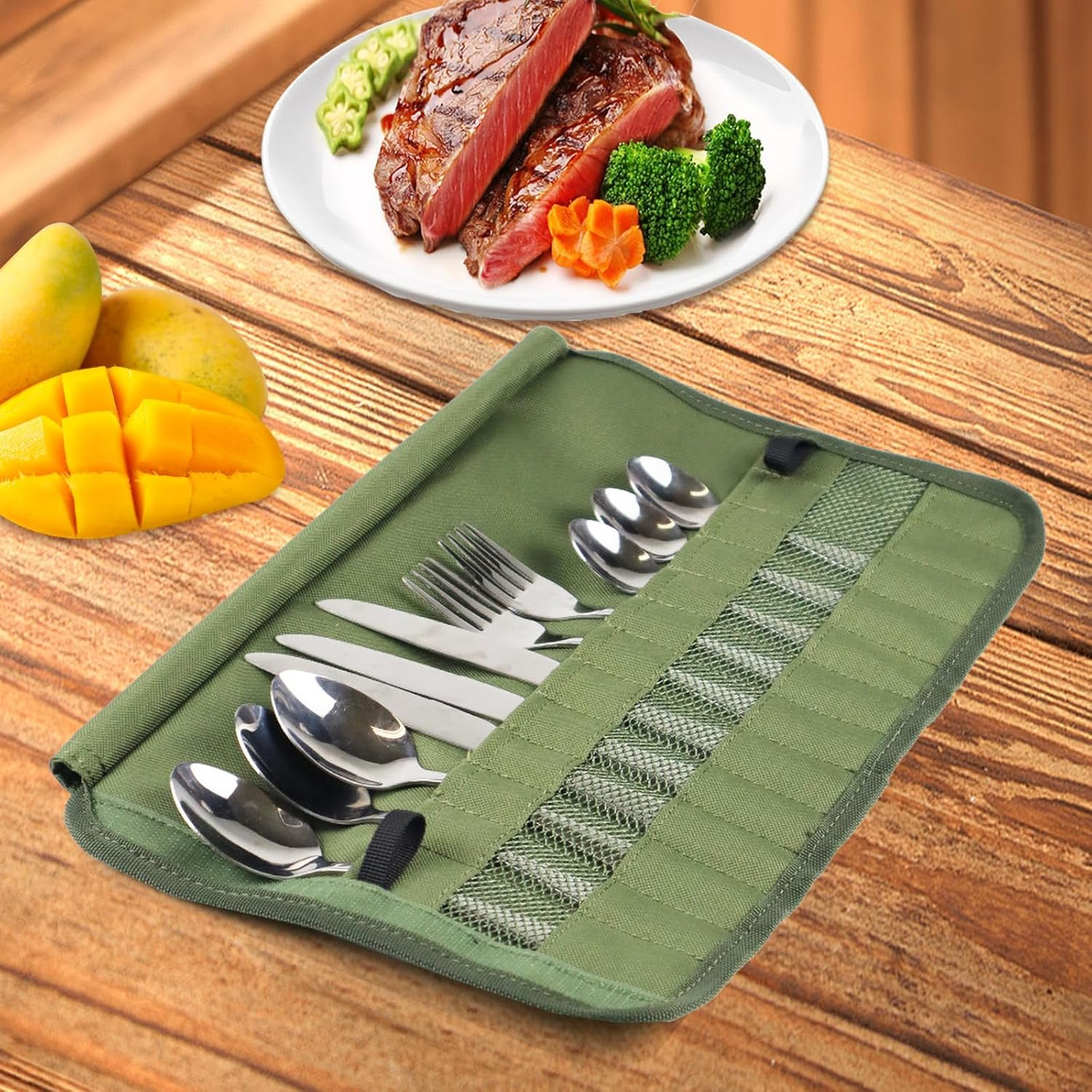 Camping Cutlery Roll,Knife Roll Bag,Waterproof Cutlery Bag with 13 Slots, Portable Silverware Storage Cloth Roll for Forks, Spoons, Chopsticks,Travel & Camping Utensil Pouch, Army Green Cooking Set