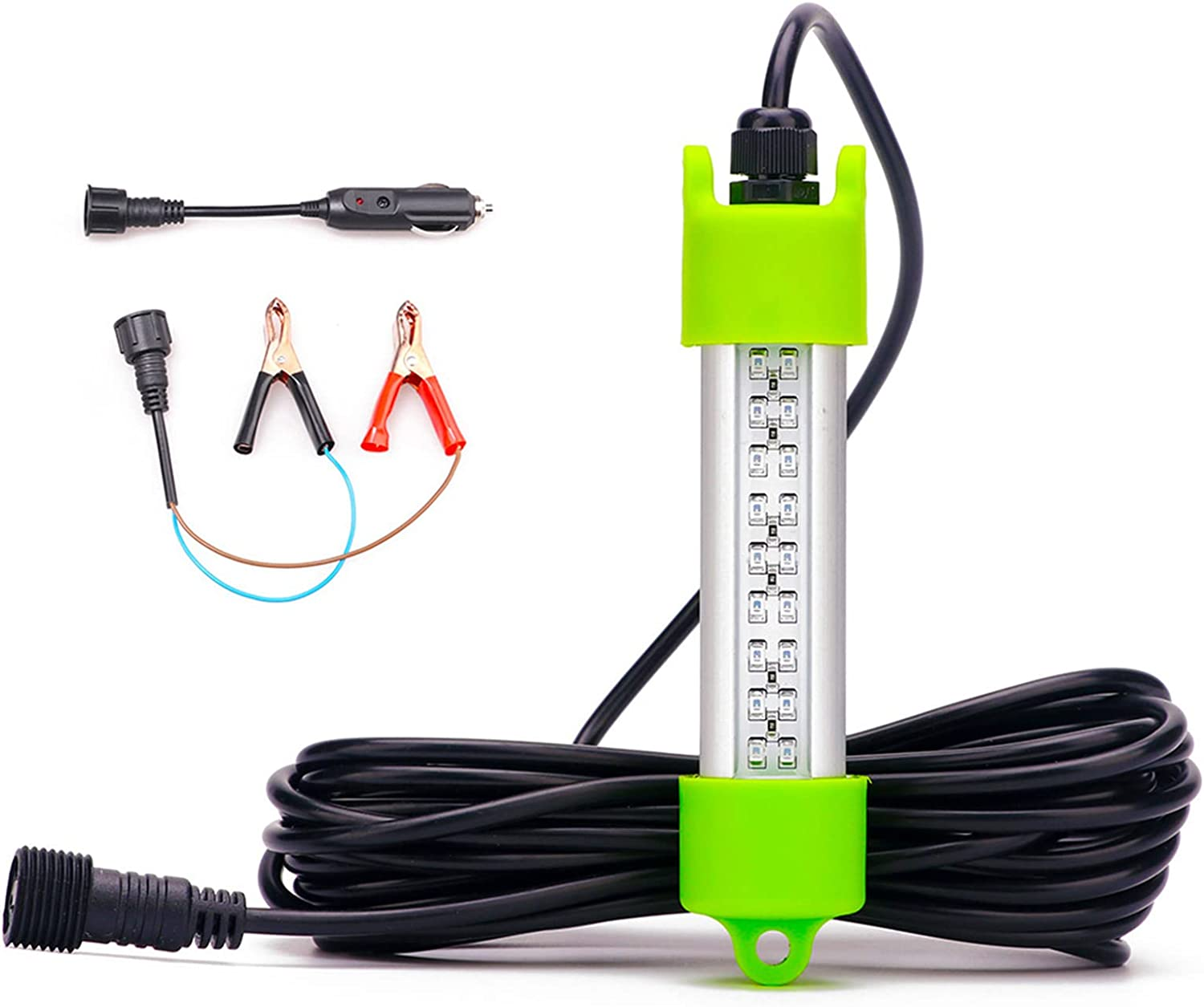 18W 45W DC 12V Green IP68 Waterproof Aluminum Super Bright LED Fish Bait Submersible Dock Underwater Fishing Light Attractants for at Night Snook Crappie with Battery Clamps Cigarette Lighter Plug