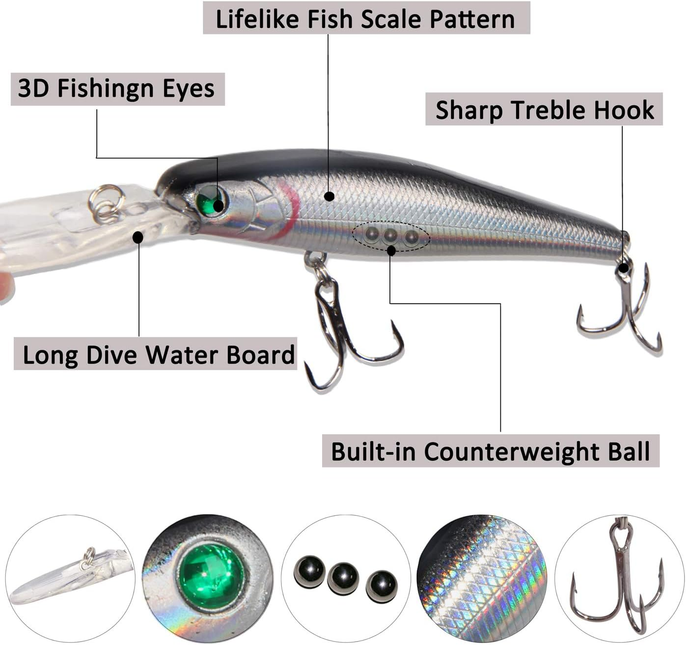 10Pcs Fishing Lures Hard Bait Minnow Deep Diving Swimbait Walleye Lures Topwater Lures Bait for Bass Trout Pike Freshwater Saltwater Lures Kit image number 5