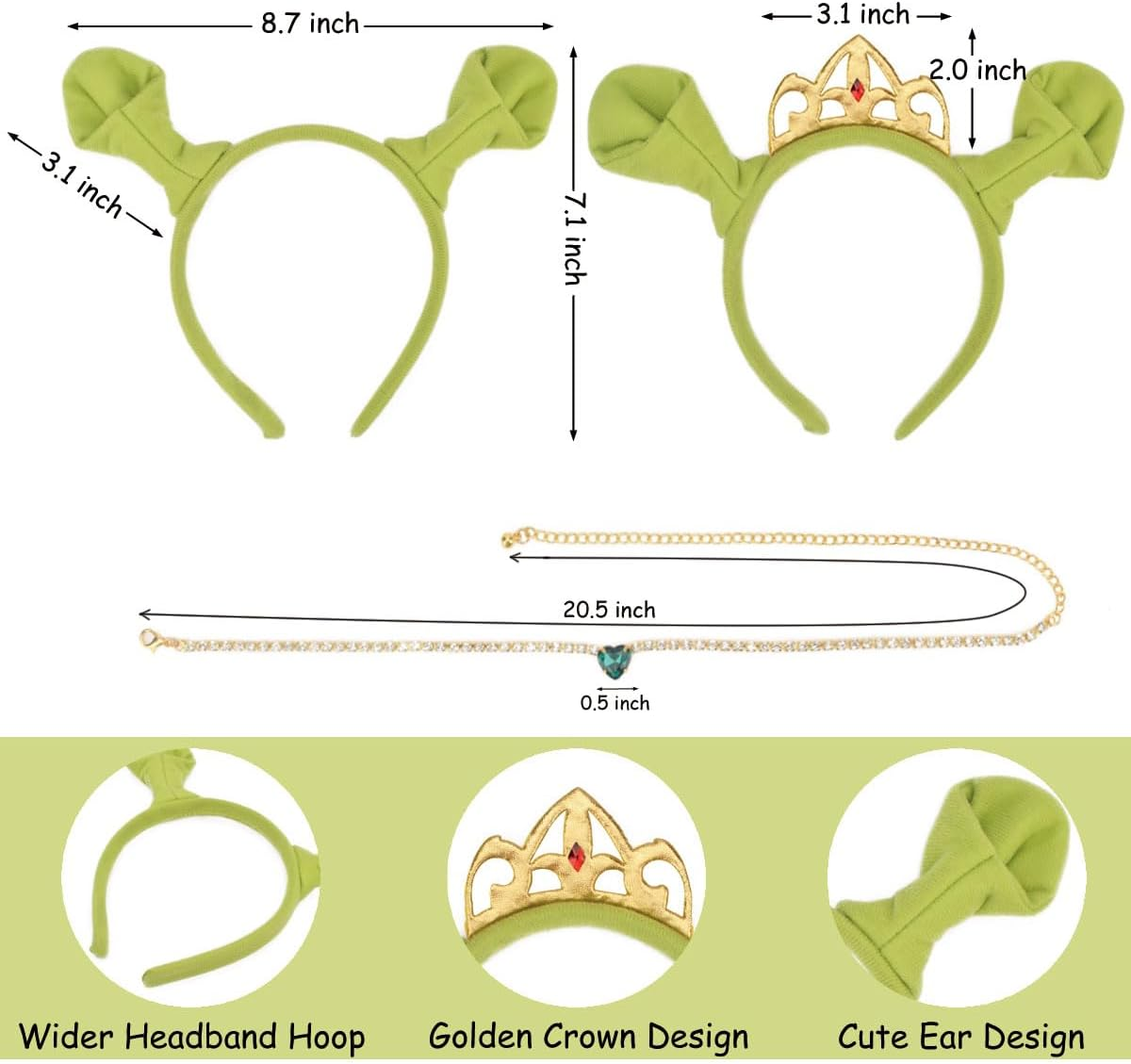HODRME 5 PCS Ogre Ears Princess Headband Donkey Ears Set-Halloween Christmas Festival Theme Party Cartoon Cosplay Costume Accessories Include Ears Necklace and Tail image number 2
