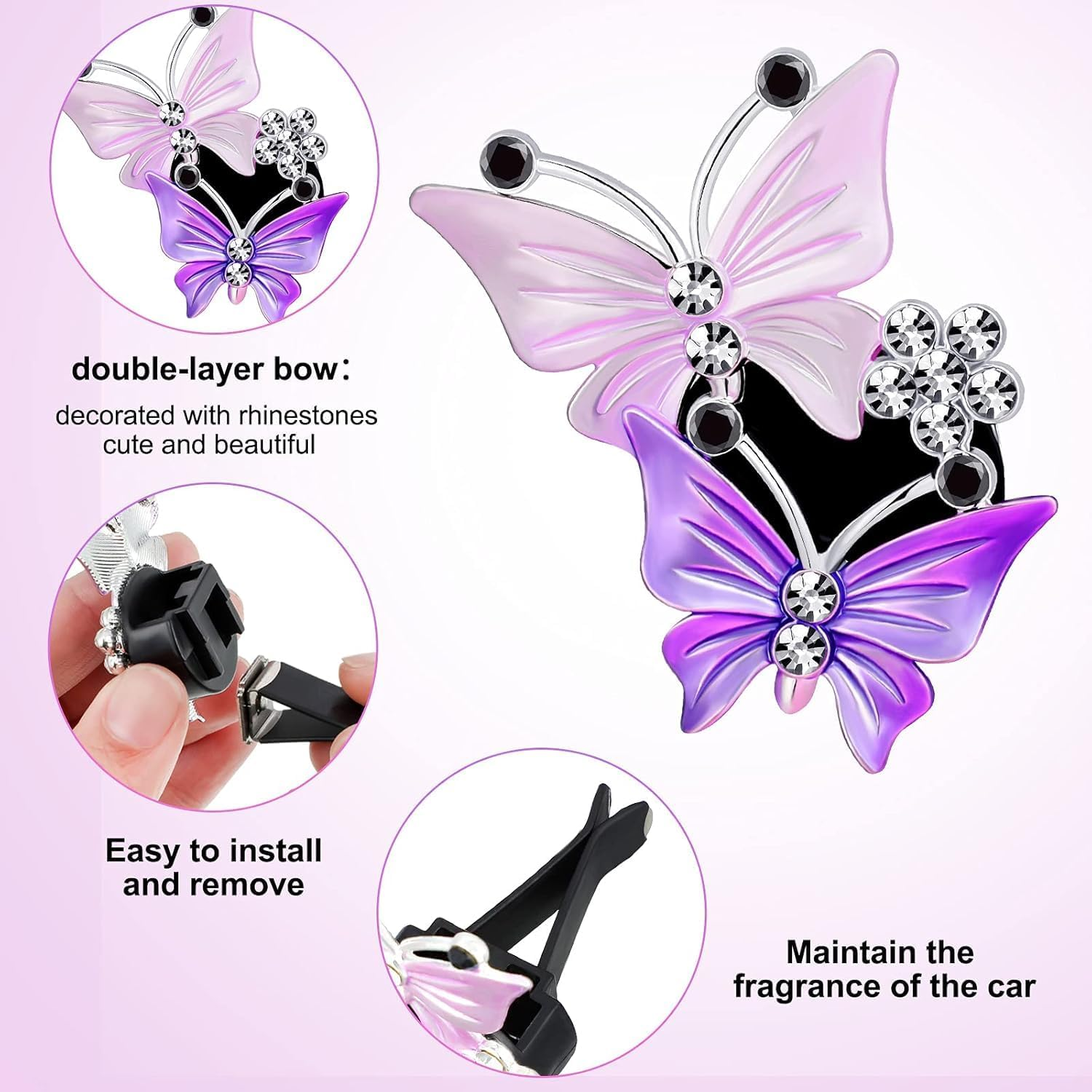 Lexziuo 2PCS Sparkly Butterfly Car Air Freshener Clips, Elegant Rhinestone Vent Clips for Women, Quick Install Automotive Accessories, Car Vent Decor, Fragrance Holder for Car image number 2