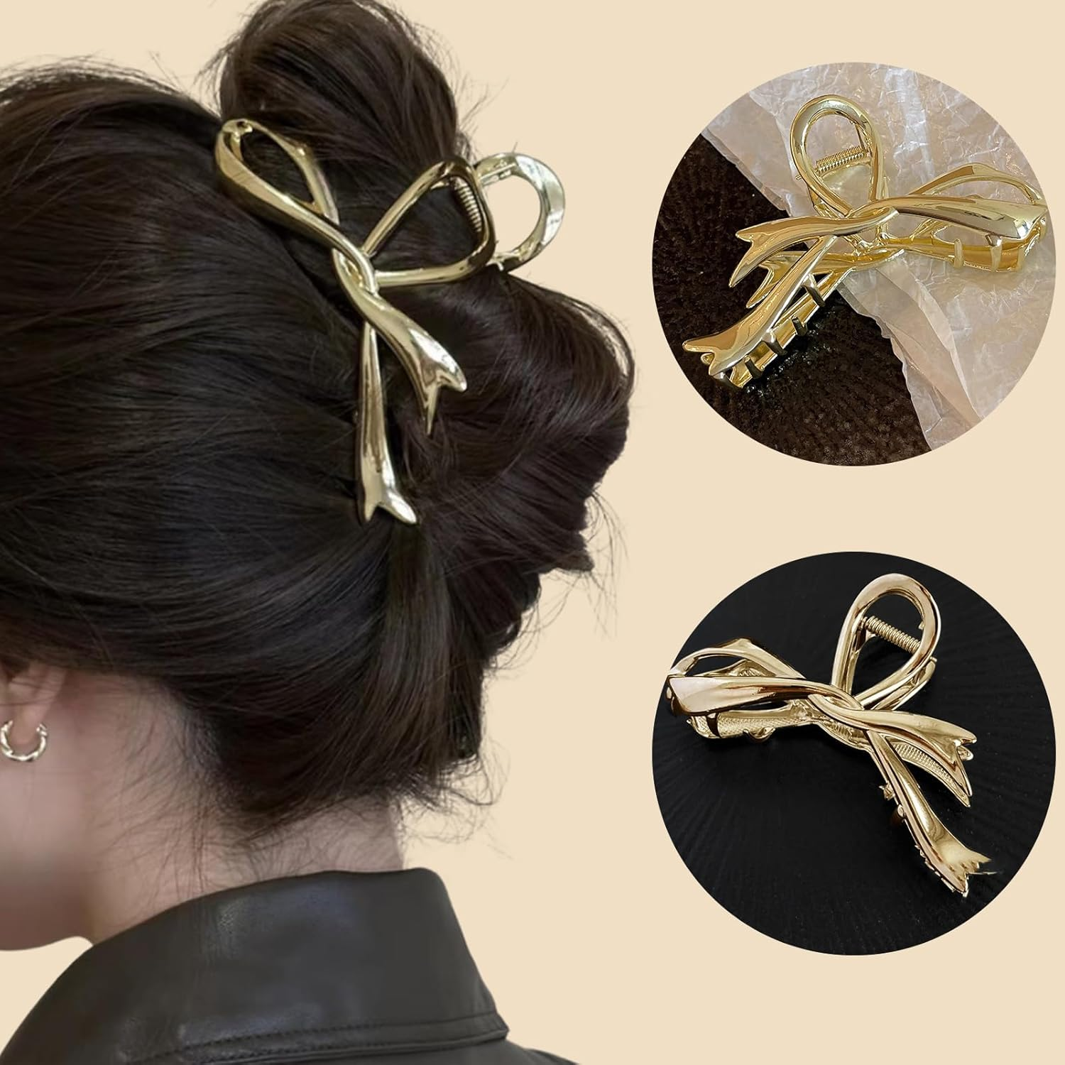 Ribbon Bow Hair Claw Clip Large Metal Hair Clips 4.5 Inch Metal Hair Claw for Women Girls Non-Slip Strong Grab Clips Shark Barrette Hair Clamps Hair Accessories for Thick Hair(Gold)