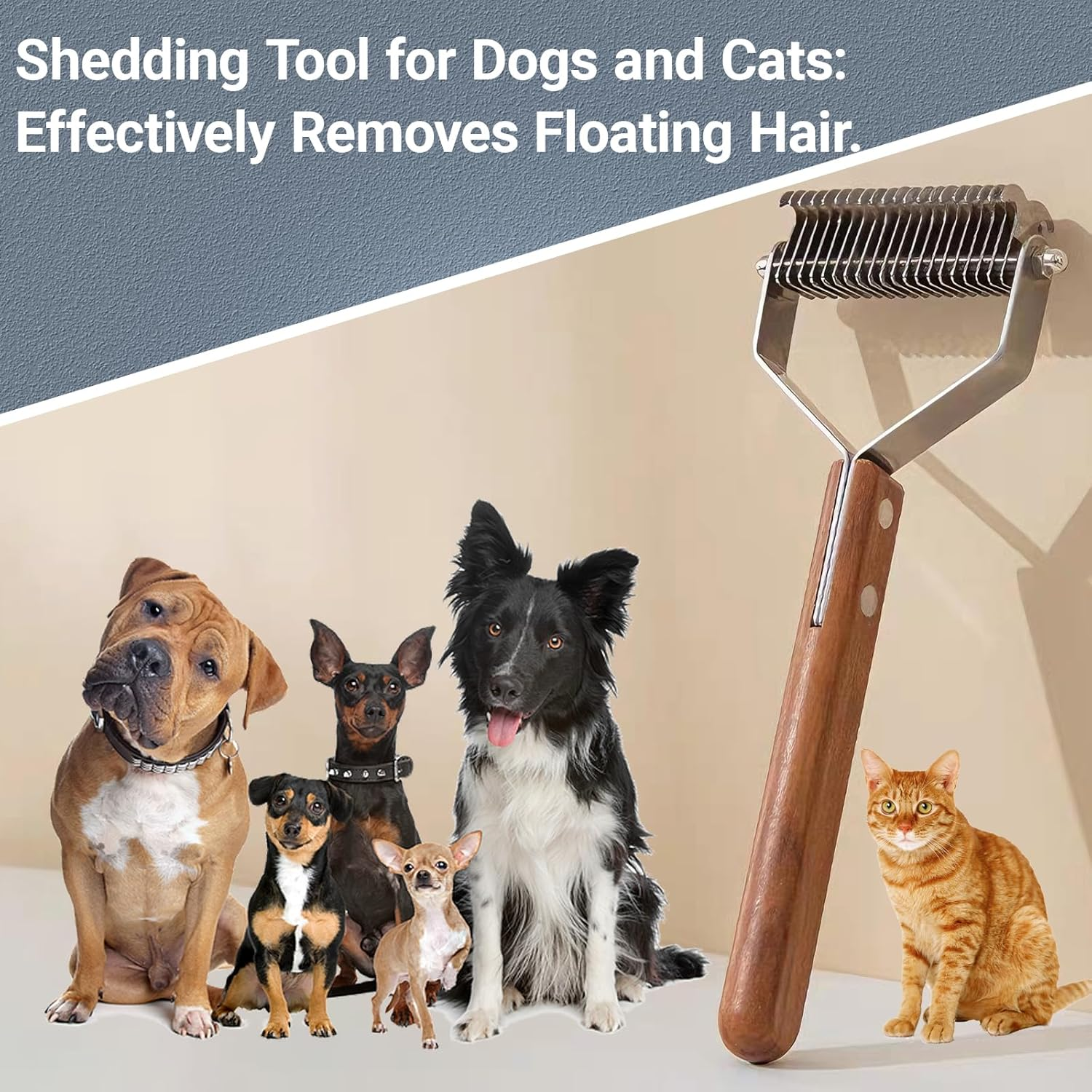 Double Sided Dog Deshedding Brush Extra Large Dematting Tool Undercoat Rake Stainless Steel Teeth, Wood Handle for Long Haired Dogs Cats German Shepherds Huskies Gentle on Skin image number 4