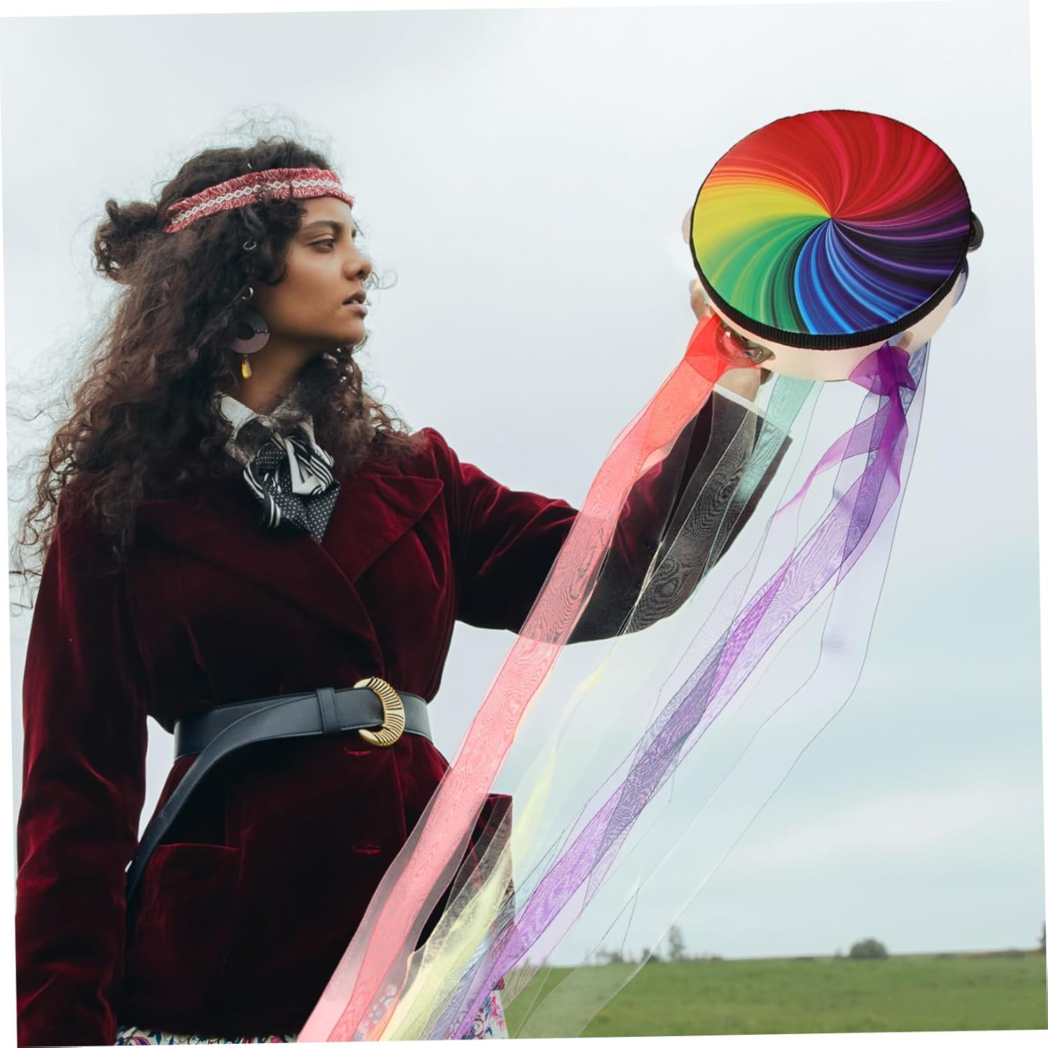 Minkissy Handheld Tambourine with Ribbons Percussion Drum for Dance Performances Lightweight and Durable for Stage Church and Music Lessons