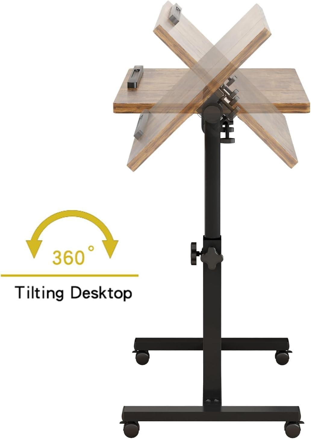 Kapeicamper Brown T-Shape Overbed Table with Wheels, Adjustable Tiltable Laptop Stand Desk, 15.7X13.7X23.6 Inches, 22 Lbs Load Capacity image number 2