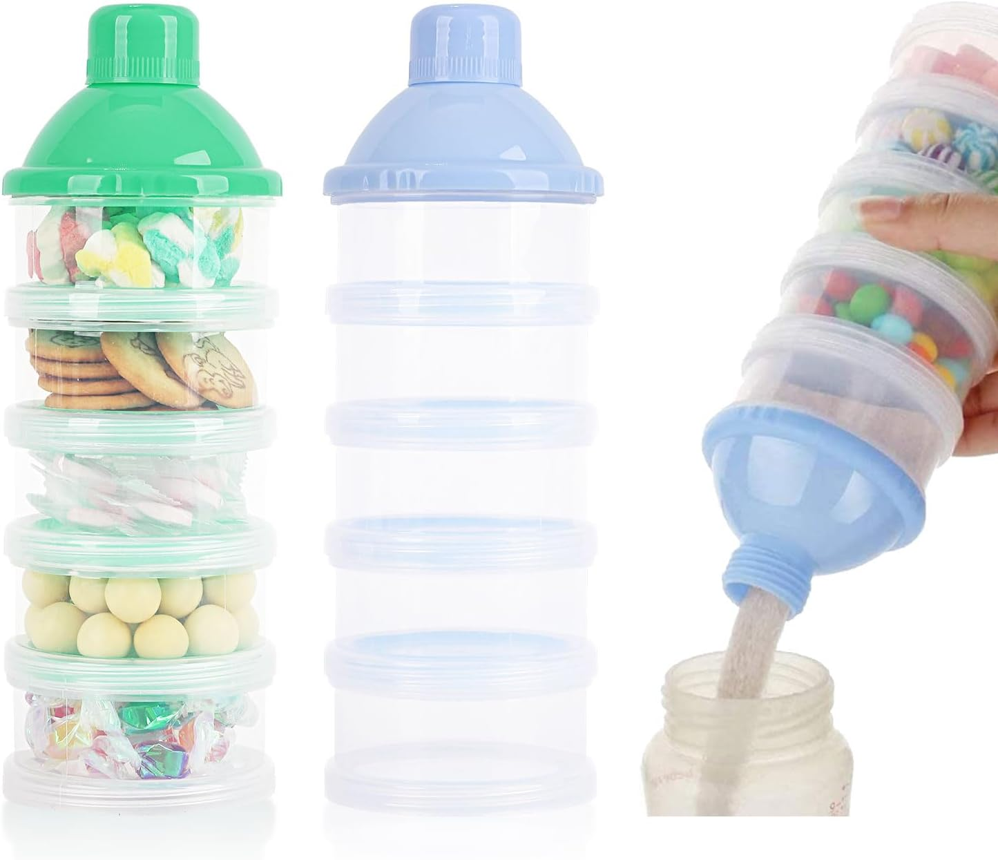 2 PCS 5 Layers Baby Milk Powder Dispenser, Milk Powder Pots, Formula Dispenser Portable Milk Powder Formula Dispenser Container Pot Box Milk Cans Snack Storage Box for Travel (Blue + Green)