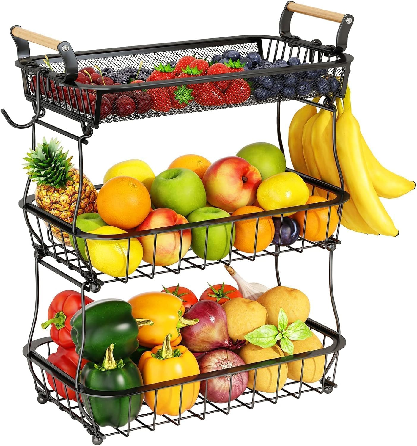 Fruit Basket, 3 Tier Fruit Bowl with 2 Banana Hanger, Kitchen Countertop Rack, Vegetable Counter Holder, Large Metal Bowls Perfect for Holding Fruits, Vegetables, Snacks, Cupcakes, Black image number 6