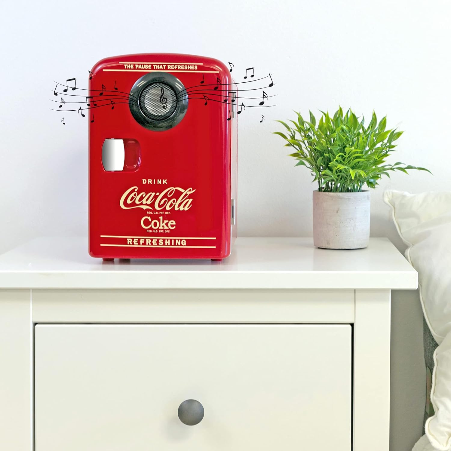 Coca Cola Mini Fridge - Refrigerator for Bedroom Skincare Office, Portable Table Top Beverage Cooler 12V DC/220V AC Refrigerador for Drink, Soda, Wine, Use in Car, Dorm, Patio, Bluetooth, 6 Can image number 2