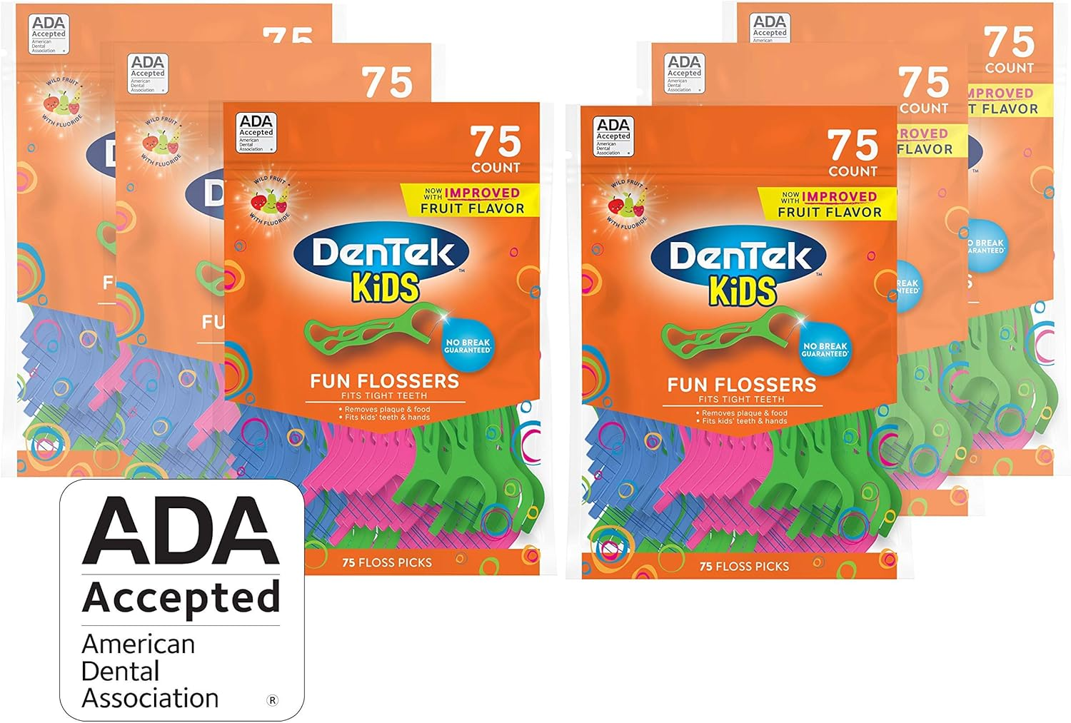 Dentek Kids Fun Flossers, Removes Food & Plaque, Wild Fruit Flavored Floss Picks, 75 Count, 6 Pack