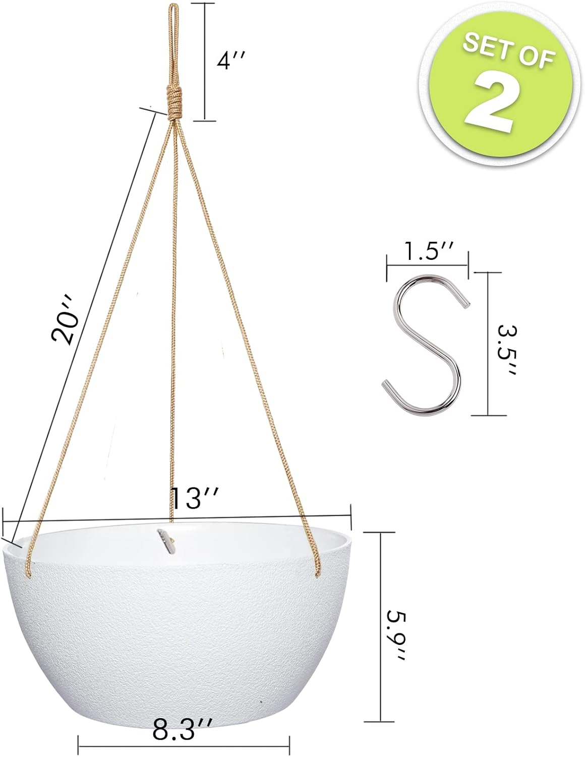 Swinduck 13 Inch 2 Pack Large Hanging Planters for Indoor Outdoor Plants, Plastic Hanging Basket Pots for House Plants Flowers, White image number 3