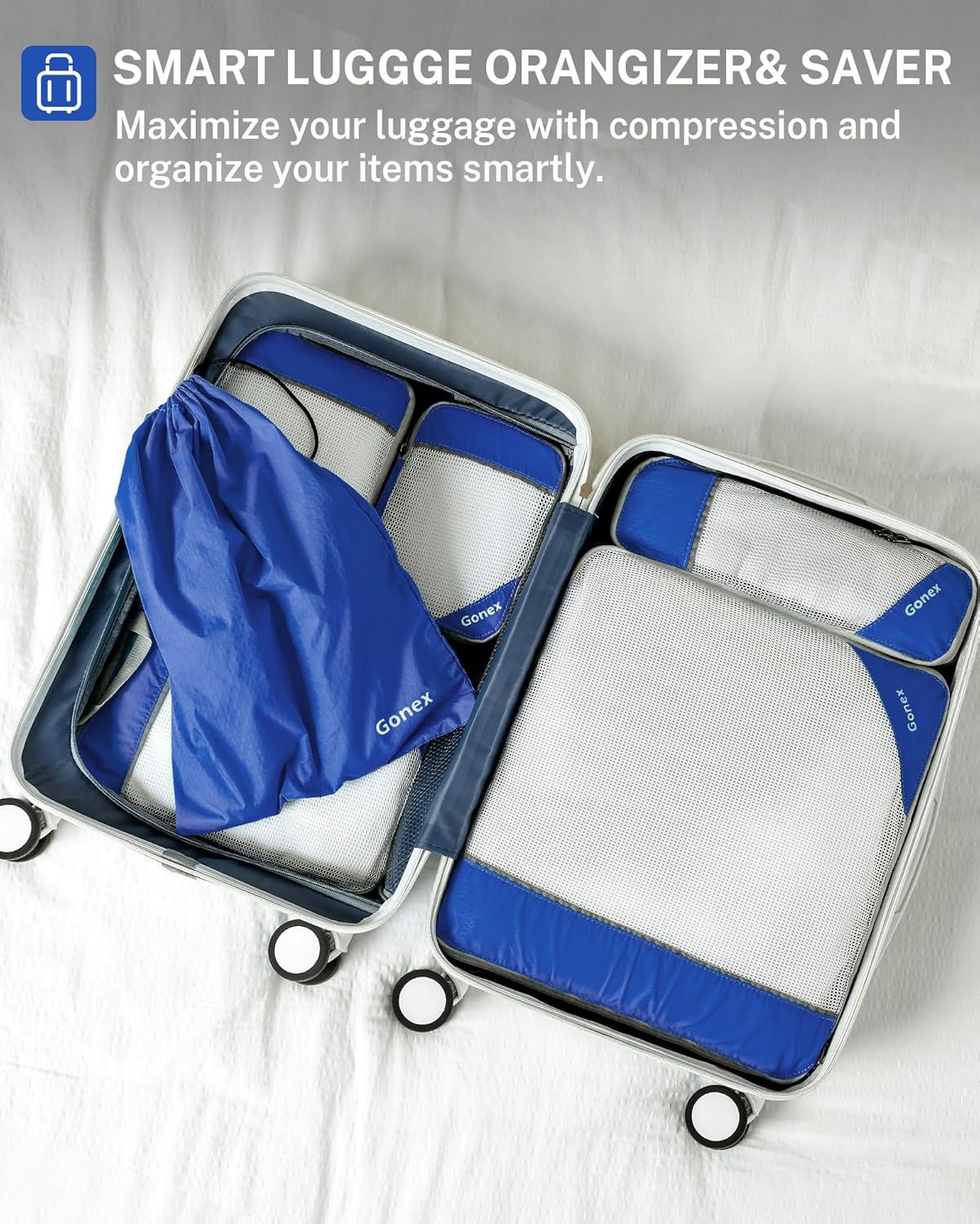Gonex Compression Packing Cubes Mesh Organizers L+M+S+Xs+Slim+Laundry Bag Deep Blue image number 3