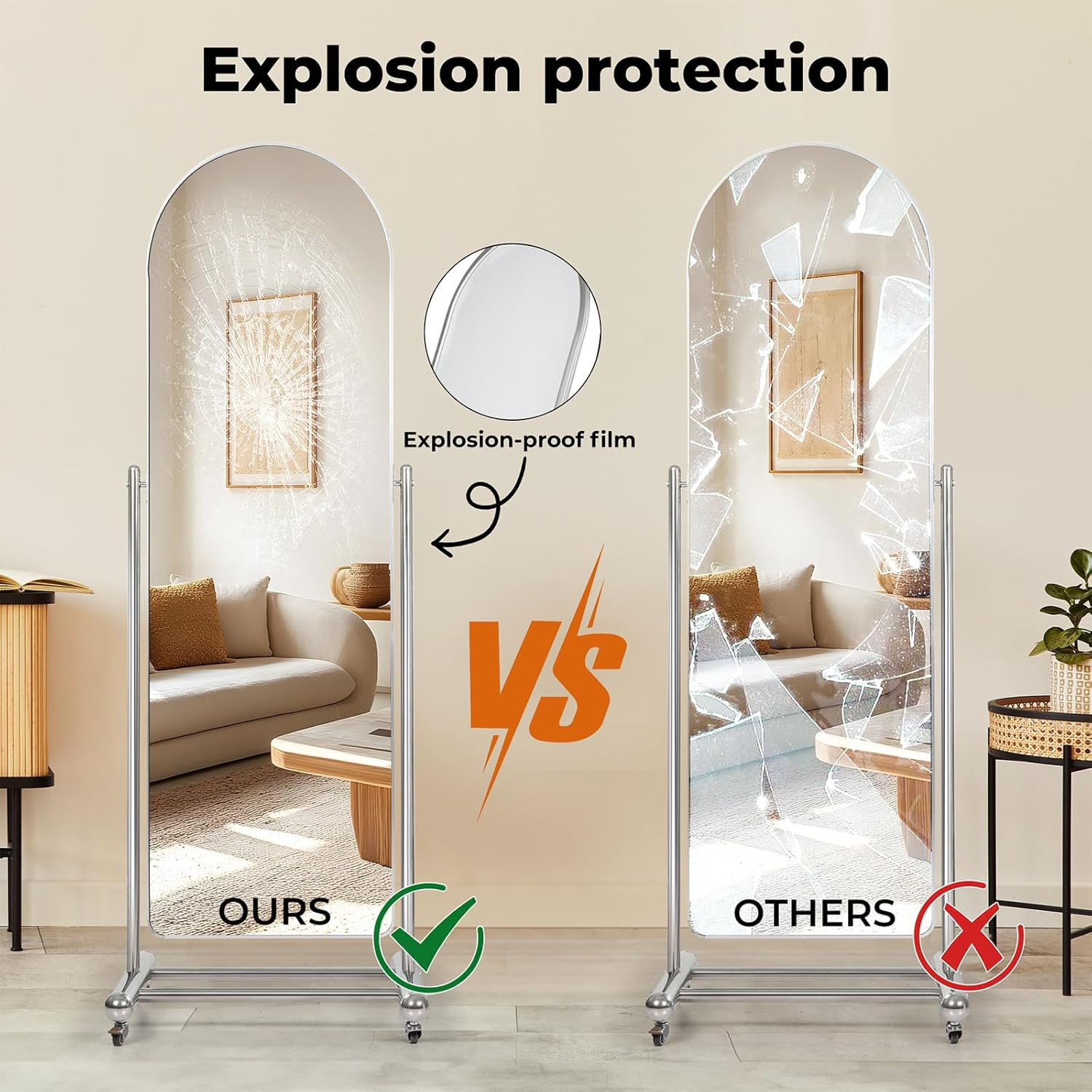 Yezi 165X46Cm Full Length Arched Floor Mirror with Rolling Stand, Freestanding Full Body Dressing Mirror, Modern Metal Frame, Mobile Design with Lockable Wheels for Bedroom or Living Room Cloakroom image number 5