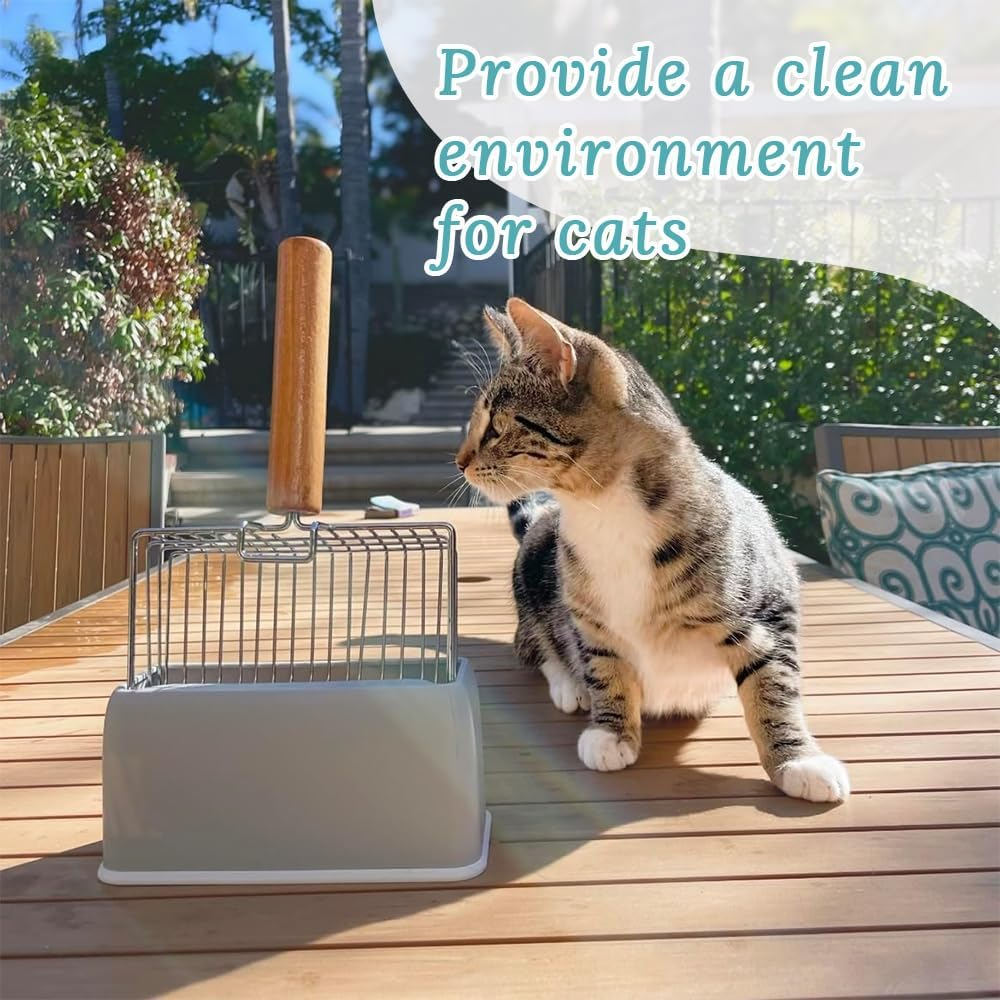 Two-Piece Metal Cat Litter Scoop (With Stand), Stainless Steel Cat Litter Scoop (With Wooden Handle), Cat Litter Box Special Cat Feces Scoop, Can Quickly Filter (Grey and Blue) image number 2