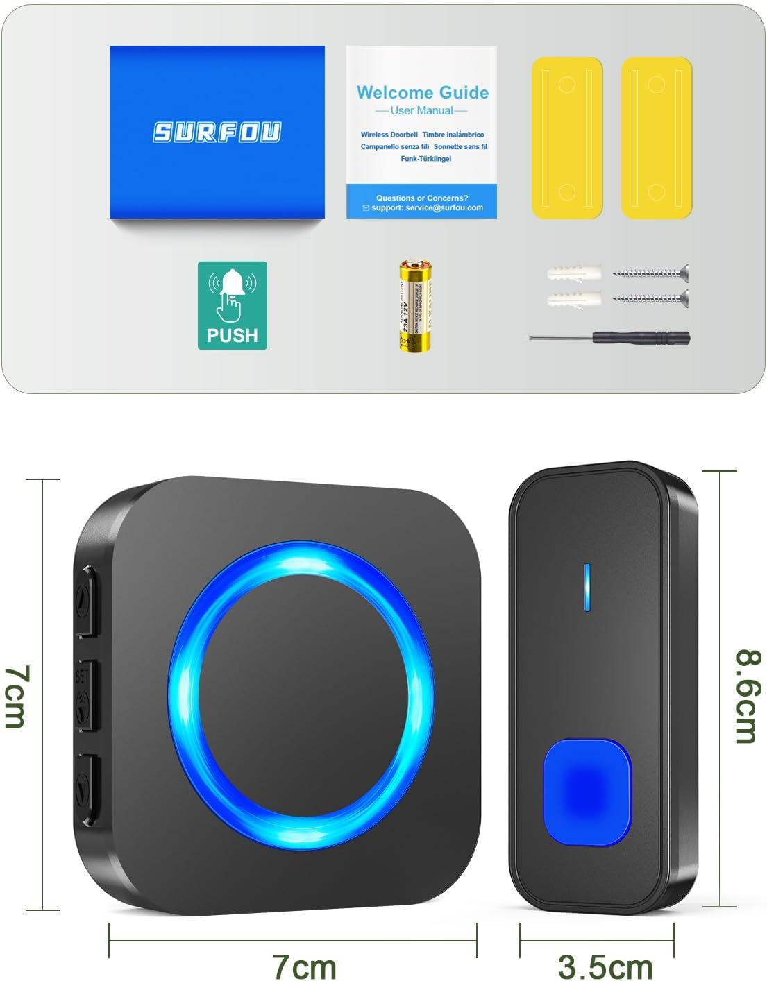 SURFOU Wireless Doorbell, Outdoor Wireless Waterproof Doorbell, 400 M Wireless Range, Front Door Bell with 3 Plug-In Receivers, 55 Ringtones, 5 Volumes, Front Doorbell, Black