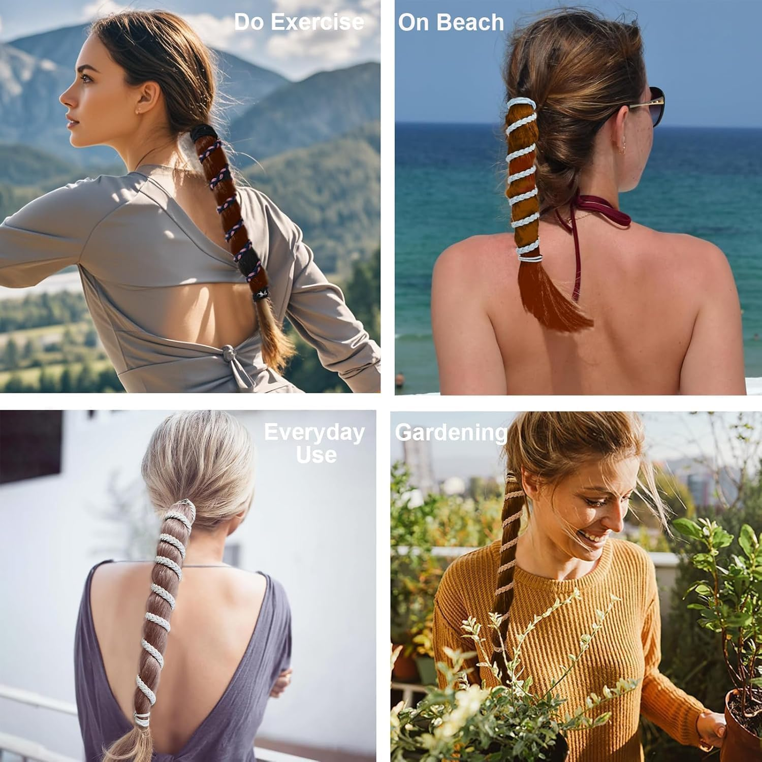 Wrap around Spiral Hair Ties for Sport, 4Pcs Spiral Hair Tie Sports Ponytail Holders, Sports Spiral Hair Ties Elastic Braided Ponytail Holders for Women image number 1