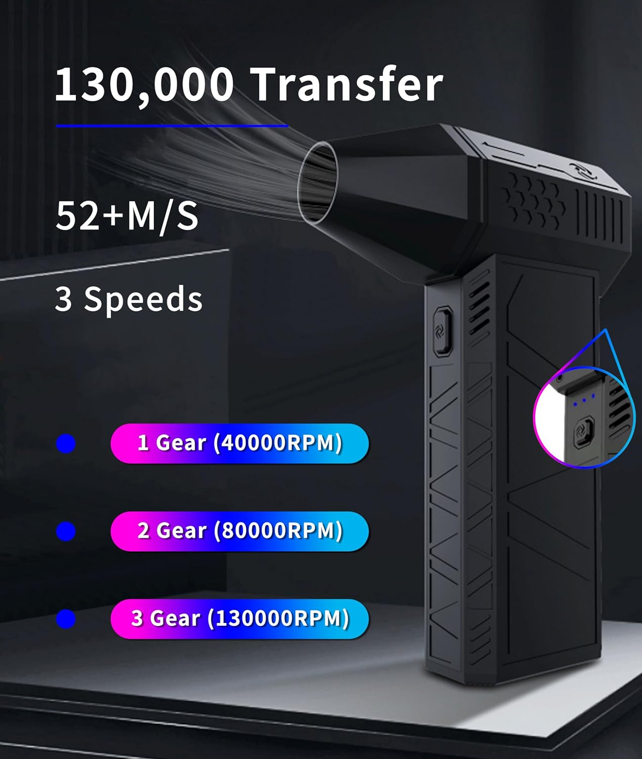 Jet Dry Mini Blower, 130000 RPM Portable Mini Jet Blower with 3 Adjustable Speeds, Type-C Rechargeable Cordless Air Blower Car Dryer for Car, Computer, Keyboard, Lens image number 5