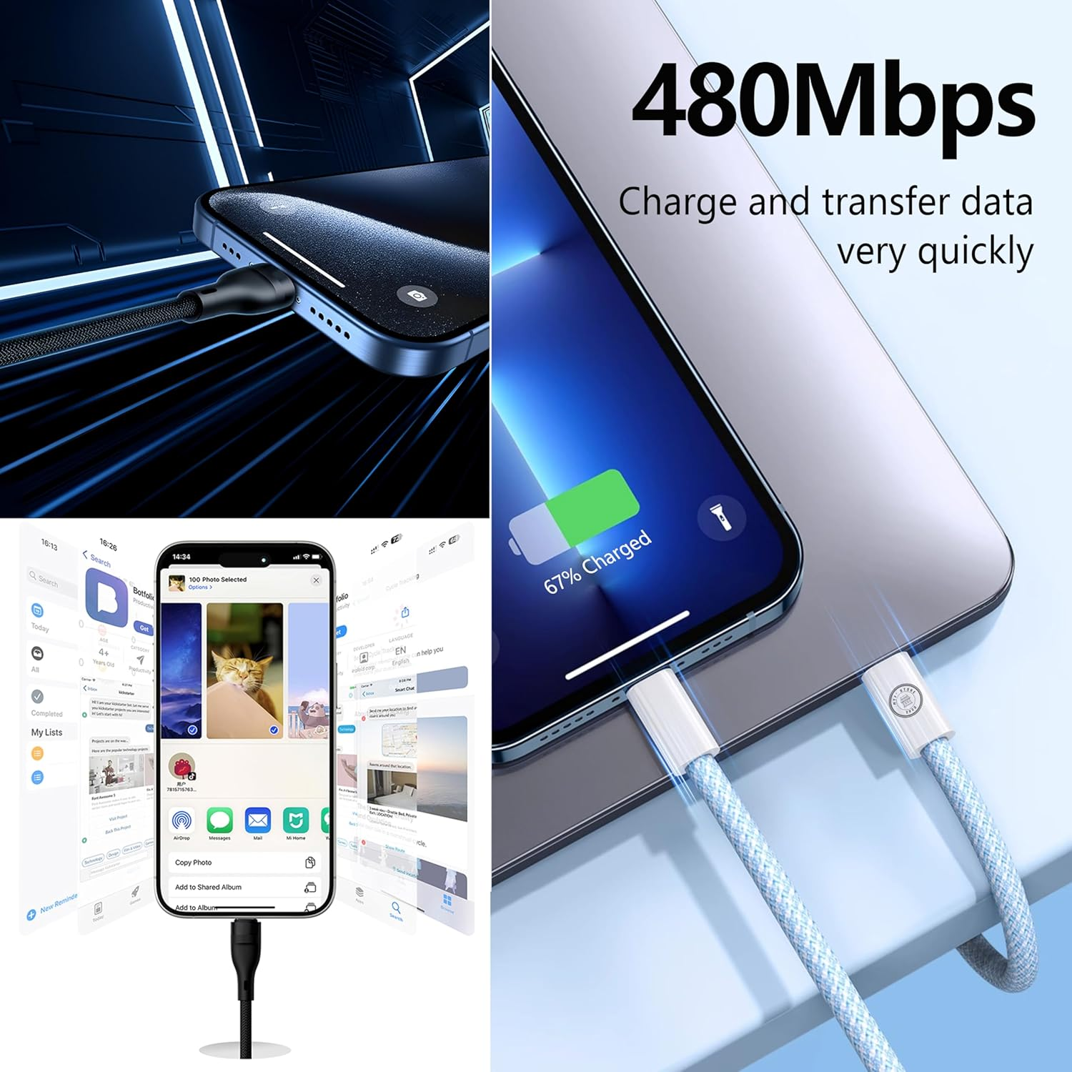 MTF' Lightning Compatible, 2 Pack USB C to Lightning + USB a to Lightning, 1M, Nylon Braided, Black & Blue Colors, 480 Gbps, Compatible with Apple Iphone Pro Ipad Macbook Pro