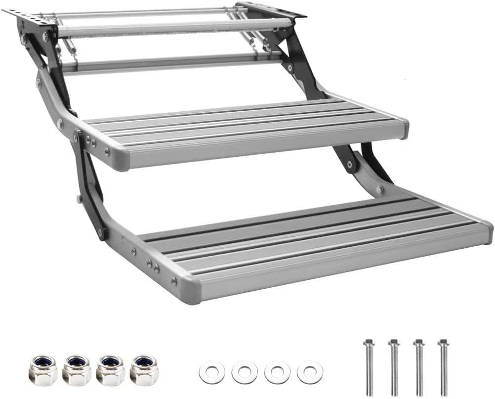 Double Caravan Step,Pull Out Folding Aluminium Steps,Off Road RV Camper Trailer Motorhome RV for Camping,Travelling, Outdoor Activities (Double-Deck with LED) image number 4
