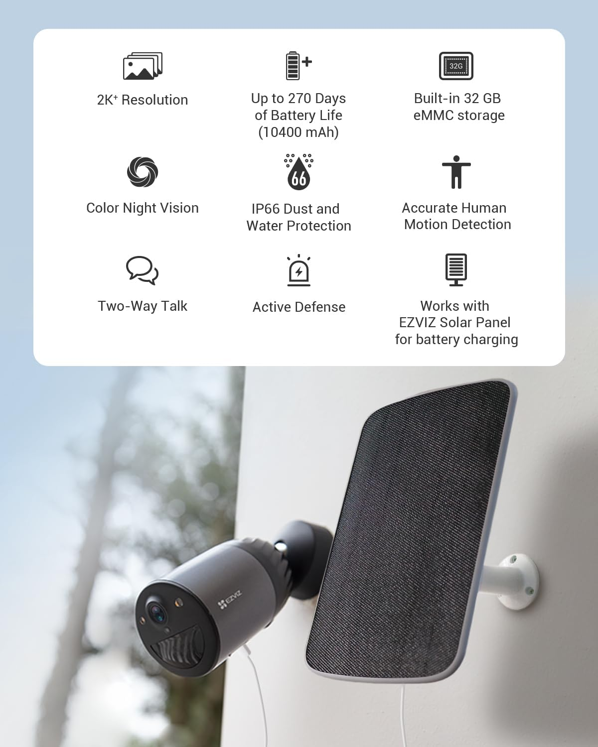 EZVIZ Outdoor Security Camera Wireless, Solar/Battery Operated Security Camera, 210-Day Battery Life, IP66 Waterproof, Color Night Vision, 1080P, Human Detection, Includes Solar Panel (BC1C 2MP KIT) image number 4
